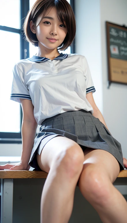 ((highest quality、8k、masterpiece:1.3)),((((fullbody shot)))),Ultra-high resolution,big eyes,Japanese,bangs,(a girl),(1 girl),((20 years old)),((facing at viewer)),(long hair),(((black school uniform))),grin,((sitting on chair)),(pleated mini skirt),(((pussy))),((pubic hair)),(((open legs))),((skirt lift))