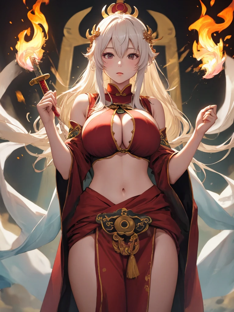 young woman, perfect body, shinny blueeyes, perfect boobs, perfect thighs, fire crown, long golden blonde curvy hair, transparent long white dress, lingerie, exposed belly, exposed thighs, red and gold mixture cloths, highly detailed enchanted cloths, standing and starring, head to mid thigh:4.5 photo, eye level camera angle, dark lighting, fire radiation, flames background, detailed background, fantasy art, hyper realistic,