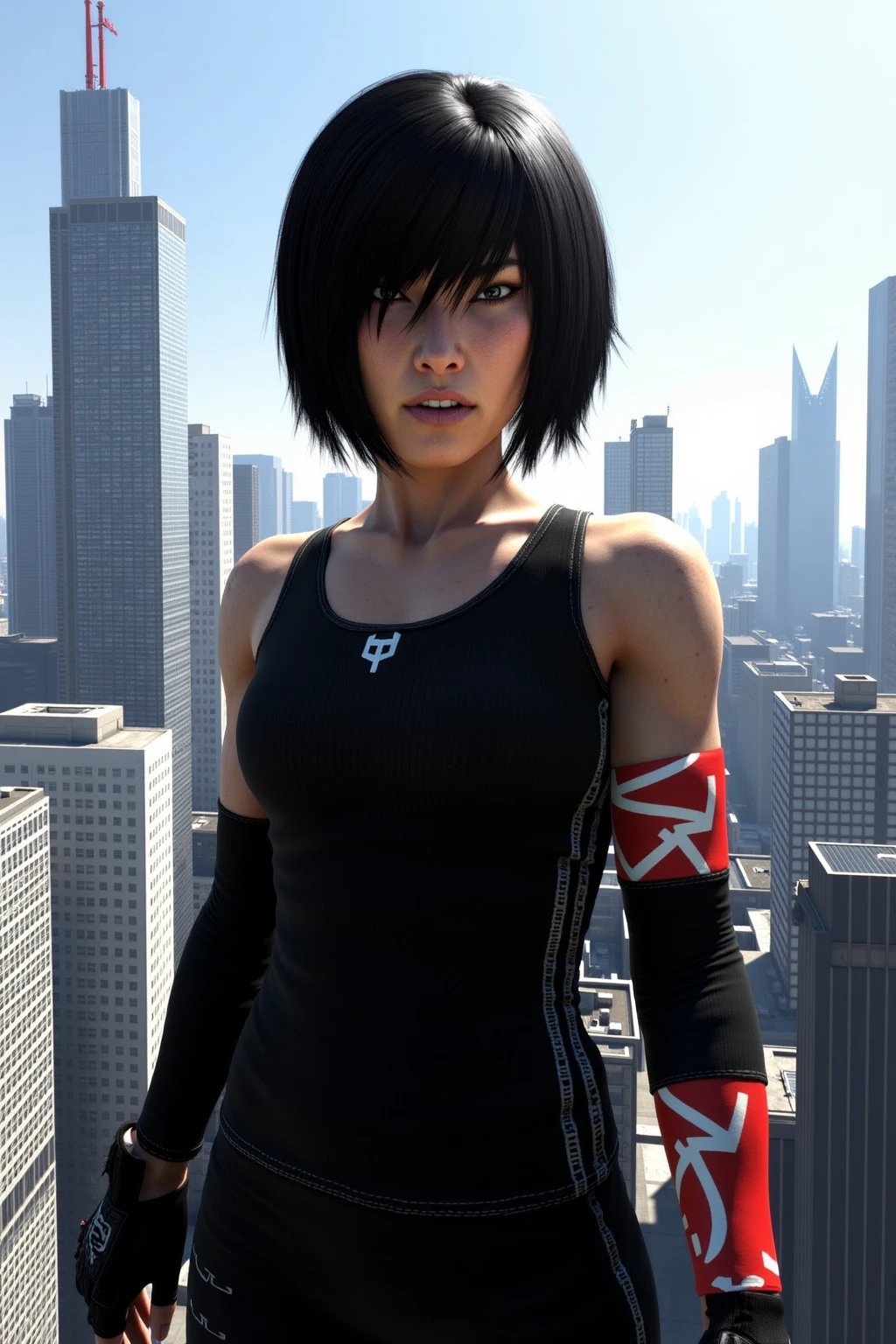((Best quality)), ((masterpiece)), ((highly intricate details)),beautiful, high quality, highres, absurdres, light difussion, intricate details, complex details, ((anime)), (anime:1.2) , (perfect face:1.3),colorful, highest detailed, vibrant colors, high contrast, (8K UHD:1.2), (photorealistic:1.2),(masterpiece:1.4), (best quality:1.4),extremely detailed wallpaper, highly detailed illustrations,(super-complex details) , 4K unified, (super-detailed CG: 1.2) , (8K: 1.2),(original), (masterpiece) , (best quality) , (reality: 1.3) , photorealistic, Octane rendering, (surreal: 1.2) ,((masterpiece:1.4, best quality:1.2)),1girl with sharp teeth, visible when a mischievous smile forms on her lips. She wears a tank top with a black jacket and pants, exuding an aura of mystery and power. Her short black hair is messy, adding a scruffy, wild look. His eyes, an intense white without the presence of a retina, emanate an unearthly sensation. Deep dark circles stand out on her pale skin, evidencing her tired and haunted appearance, ((night)), simple background, Dark black background, realistic, full entire body fun pose, render of a cute anime girl, modeled in poser