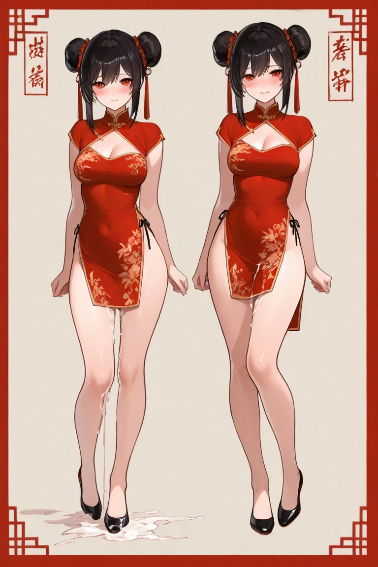 three-view drawing‚ enerate three views, up front view, the sideview, posterior view, full bodyesbian, A beautiful girl, tchibi, Full body'Chinese ancient style clothing, White background,