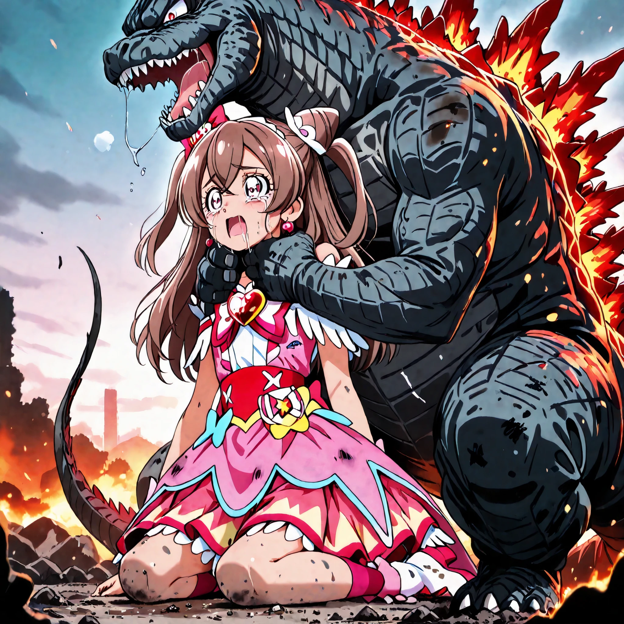 software,(masterpiece),(top quality),high score,Hi-Res,unbelievably absurd,anime screencap,pastel colors,anime,glossy skin,no background,
balanced upper and lower body structure,
character 1:Location:B3, nagomi yui ,Yui Kazumi,Pretty Cure costumes, Pretty Cure Costume,
battle costでme, (dirty clothes:1.4), (torn clothes:1.4), (Damaged clothes:1.4), red body,
eyes with unbelievably open pupils, highlights of the eye have disappeared, incredibly detailed beautiful student,
beautiful maroon hair that's incredibly detailed, extremely detailed and beautiful jewel, I'm wearing a burnt dress
With semi-long bob hair that reaches the shoulders、hair tips are curled,
1girl ,1godzilla, 1 girl and 1 Godzilla
I'm breaking down crying,A face of despair,Pale face , The pupils are wide open,falling off my shoulder,kneeling,I'm shivering all over my body with fear,Crying out loud,Screaming high in the sky,Panic and distraught,I'm being driven into holding my own head,My eyes are open in despair, My whole body is bloody, I'm stretching my left hand forward , My mouth is overflowing with saliva
Character 2:Location:D3, burning godzilla, godzilla (series), bioluminescence, kaiju, jaw, scales, spikes, spines, tail raised, outdoors, seductive smile, embers, sharp teeth, evil smile, burning body, hands on another's neck, cowboy shot, partially submerged