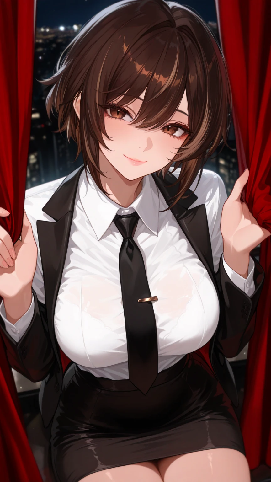 (High-definition images, atmospheric perspective, 8K, Super detailed, Accurate, highest quality, dark brown eyes), (highest quality:1.4, Add intense highlights to your eyes:1.4, short brown hair:1.4), (orgasm face:1.5, embarrassed,blush:1.3), (closed eyes:1.4, open mouth), ((Futuristic cybernetic female assassin, sleek black outfit, holographic interface, urban decay setting, neon highlights, hyper-realistic)), ((Various positions, Pee, Selfie from the front of the pants, having sex, open your mouth)), cinematic lighting, Shooting from various angles, nsfw, Japanese, ((short hair, black eye)), light brown eyes, eyelash, droopy eyes:1.5,lip gloss:1.4, (droopy eyes, look away), angle from below, (CA Uniform, ID card), customer, thin waist, toned stomach, thin thighs, Realistic Eye Size, beautiful navel, unbuttoned shirt, Jacket, Tight Skirt, black pubic hair, beautiful breasts, beautiful areola, beautiful nipples, open your mouth wide, hentai, ahegao, Ahegao, fullblush, sex from behind, looking back, vaginal object insertion, rear view, having sex,