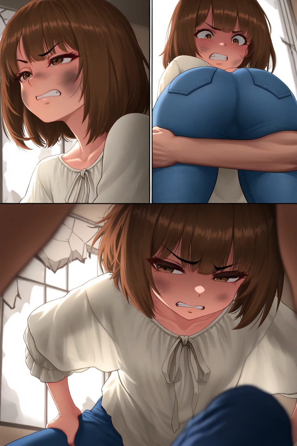 score_9, score_8_up, score_8, score_9, mikasa and male shota, 1girl, mikasa ackerman, white leggings, black sport bra, sit on desk, grabbing ass, squeezing ass, from behind, huge ass, perfect rounded ass, legs, looking at the viewer, indoor, taking picture to mirror, holding pone, soft body, smile, classroom, in classroom, teacher, shota, small penis, assjob, grab ass, smile, shota and woman,