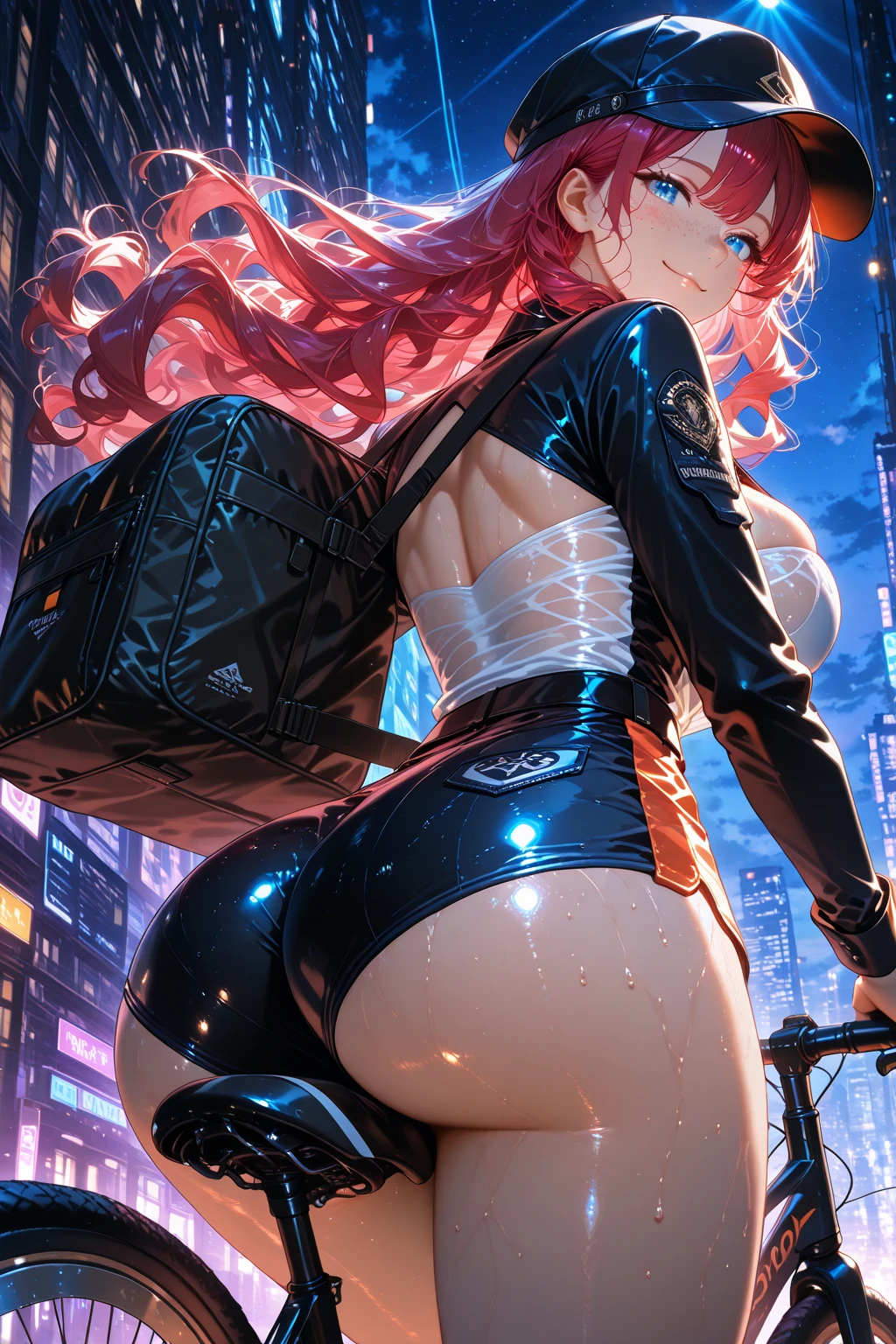 a young woman with long pink hair, tattooed body, wearing a mini skirt and white crop top, subtle view of her butt in full body shot, detailed face and eyes, intricate tattoo designs, cinematic lighting, photorealistic, 8k, hyper detailed