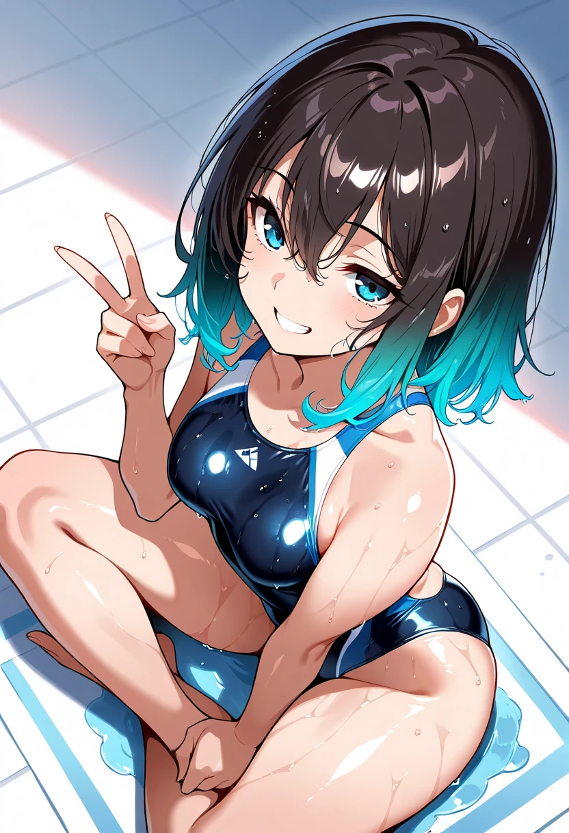 (Incredibly ridiculous absolute resolution:1.5)、hiquality、top-quality、masuter piece、Anime girl in white bikini, A sexy、Smiling:1.3、Shy laughter、Anime Loli, 8k Manga Wallpapers, ((small curvy loli))、  pretty anime girl,((swimming pools))、(Medium short hair)、(short braided hair)