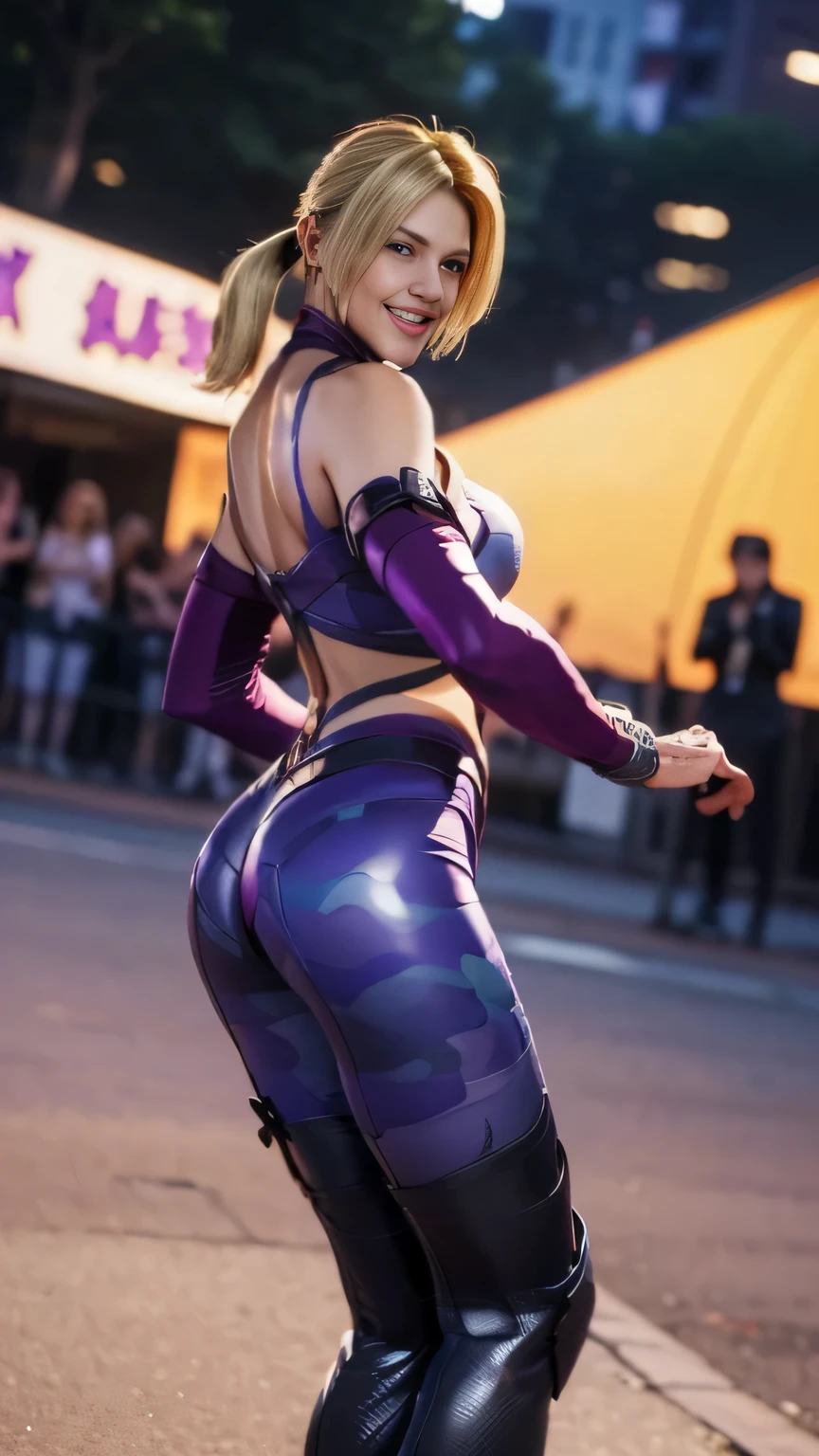 (((Depicted with dynamic poses:1.5))),(beautiful background blur with a shallow depth of field that focuses on the face:1.5),(from below_body:1.5),(womanhood　Nina Williams:1.2),(smile:1.5),(blonde:1.5),(Beautiful Eyes:1.3),(highly detailed face:1.5),((womanhoodの手の非常に詳細な描画:1.5)),((muscular:1.5)),(sexy appearance:1.5),((thick thighs:1.5)),(美しいbody:1.5),((Very sensual:1.5)),Tekken Nina Williams' private clothes, High Quality, high resolution, Detailed Skin, Exposing Outfits, extremely thin waist, 全bodyに引き締まったbody, cinematic lighting, background can be randomly adjusted, 25歳のwomanhood, 長く真っ直ぐなblondeトリムバング,cowboy shot,pool side, for soft lighting, delightful smile, supermodel from behind her lower back, Tan skin , Athletic Build, hourglass shape, I Can See the, コーカサス人のwomanhood,曲線的なbody,curvy waist,perfect finger,womanhoodが膝を揃えて内股でランウェイを歩いている, Gucci catwalk, Versace, Art Nouveau Bodysuit, intricate abstract painting ,Gucci style,Gucci, wearing purple Louis Vuitton armor,Floral Couture,Vivid Patterns, Beautiful Nina Williams,modern maximalist suit, Modern Bodysuit, Vibrant leaves, Full Body!! 最大限のディテールのFloral Couture,Fantasy , Extreme Fashion, colorful fashion, Wearable Art,Complex fashion clothing,insanely beautiful, Roberto Parada Inspired,(Assassin style:1.5),(side face looking back with a big smile over her shoulders:1.5),
Black pointed heels,
double breasted coat、Buttons Waiting to Love You
Round neck short sleeve underwear, Slightly visible on chest,
My chest is exposed、breasts visible.((((Zoom in on upper body))))