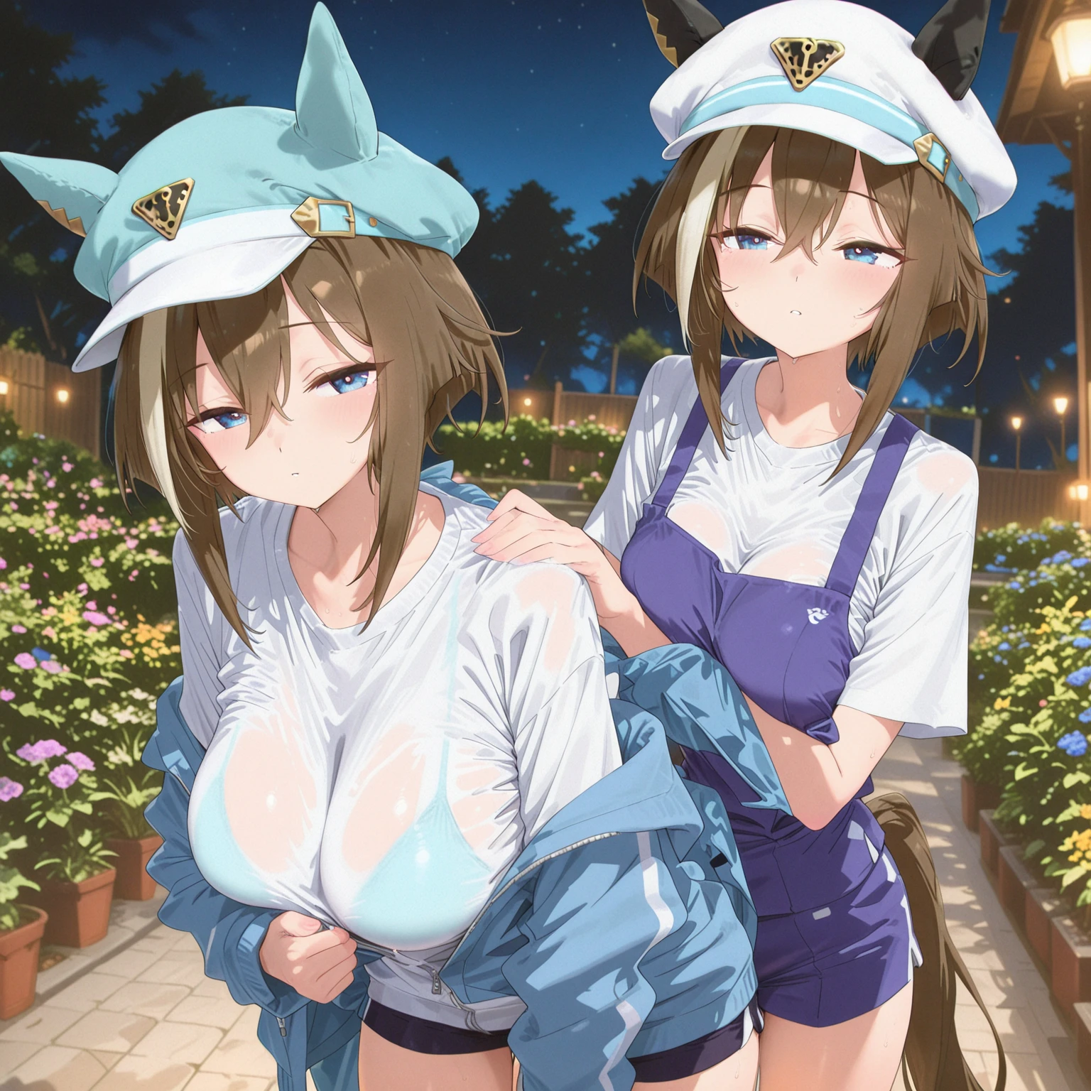 ((kinako (shiratama mochi) style)), mari_/(blue_archive\), (masterpiece, top quality, race queen, street lamp, park, outdoors, solo, detailed nipples, best quality, pendant necklace, official art, beautiful and aesthetic:1.2), (1girl), extreme detailed, colorful, highest detailed, arm band, orange hair, standing, official art, bangs, unity 8k wallpaper, ultra detailed, sports car, beautiful and aesthetic, beautiful, masterpiece, best quality, glitter drawing, necklace, aqua eyes, topless, nipples, stomach, sleeveless, bare shoulder, race queen skirt, visor hat, smiling, small breasts, flat chests, huge nipples, outdoors, rib bones, low ponytail, halo, cat ears, gold bracelet, umbrella