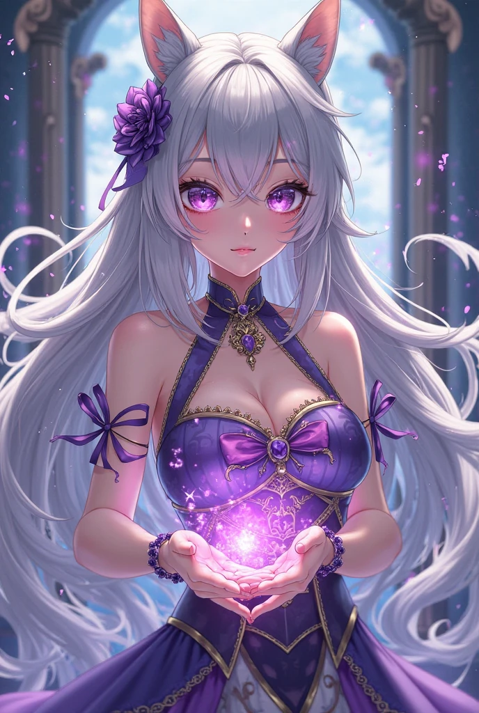 ((8k, best quality, master piece: 1.3)),super high resolution,(1 girl, solo), (colorshift eyes, hyperdetailed, expressive sparkling, glitter, glowing eyes), ultra detailed eyes, ultra-detailed face, random hair, ((silver gray color)),A young lady stands in the center of a luxurious ballroom, her silver hair shining with a silky luster, smiling gracefully. Her hair is tied to the side, and a crystal hair ornament sparkles. Her dress is made of silk with purple and gold embroidery, and is studded with gems and crystals, shining with the rainbow of light reflected from it.

An amethyst necklace sparkles around the young lady's neck, and amethyst earrings dangle from her ears. Many rings set with gemstones shine on her fingers, and a crystal bracelet sparkles on her wrist. Her eyes are deep purple, and she smiles gracefully as she dances.

In the background, a luxurious ballroom spreads out, with delicate patterns carved into the marble floor. A large crystal chandelier hangs from the ceiling, reflecting rainbow light. The walls are decorated with luxurious paintings and ornaments, creating a glittering and elegant atmosphere. This scene perfectly expresses the young lady's passion for dance and her luxurious life.A luxurious scene with a grand chandelier casting sparkling light across the room. The crystals in the chandelier refract the light, creating a dazzling display of glittering reflections. The atmosphere is elegant and opulent, with soft, warm lighting enhancing the richness of the scene.