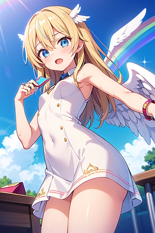 (High_quality:1.4),(high_resolution:1.4),(high_definition:1.4),(tone_mapping:1.2),(color_field:1.3),(Detailed_Glow:1.2),(Best_Illumination:1.2),(Super_Detail:1.4),(Best_Light:1.3),(Intricate_Detail:1.2),(Hyper_Detail:1.2),(mixed_media:1.2),(multicolor:1.2),(magic_realism:1.4), atmospheric,
BREAK, (super fine illustration:1.2),(masterpiece, 8k),(best quality, high quality:1.4),perfect anatomy,hyper detailed,ultra detailed,masterpiece background,beautiful detailed background,v8k wallpaper,perfect design,award-winning art,atmospheric,
BREAK, 1 beautiful girl, girl, (cute:1.5),(Little:0.5),(cute:2.0),(change:2.0),(12 year old girl),(big breasts:1.65),(chin hair,blonde,blue bow,green eyes,Eyebrows visible through the hair,side lock,long hair with bangs parted, hair flower, hair ornaments, big ribbon in hair, curly hair, ponytail:1.6),:he, white feathers, one thin white wing, Ang he wings, spread your wings, shining wings),pit \black},glowing skin, beautiful skin, Shining beautiful skin, open your mouth, bashful smile, alone, tooth, upper teeth,(long eyheashes, double eyheids:1.2),alone, glowing skin, beautiful skin, Shining beautiful skin,(highe BREAK,
wariza, paw pose
BREAK
(pink and white theme:1.5), (tweed pink strapless short camisole with lace-up:1.4), ((bare shoulder, navel, bare belly):1.3), (shoulder strap with ruffles:1.4), (tweed micro pink tiered skirt with ruffles:1.4), (white pantyhose:1.2), (pink choker with bell:1.3), (earrings with bell:1.2), (pink heeled pumps:1.1),
BREAK in city, back alley,
big moon in the sky,
the night view of the city is the background,
BREAK,wakame,wakame,wakame,(from below,cowboy shot:1.5) , hanging breasts, nose blush, heavy breathing, steam, ((:o):1.2)
BREAK, ,(Blurry background:1.3),(absurderes, hight resolution, Super Detail Art),cel shading,Clear Color, Lonely optical effect, Beautiful pictures, Bright glow, mystic atmosphere,(Close-up of girl:0.8), Mystical light particle effect,manga influence, clean line drawings,