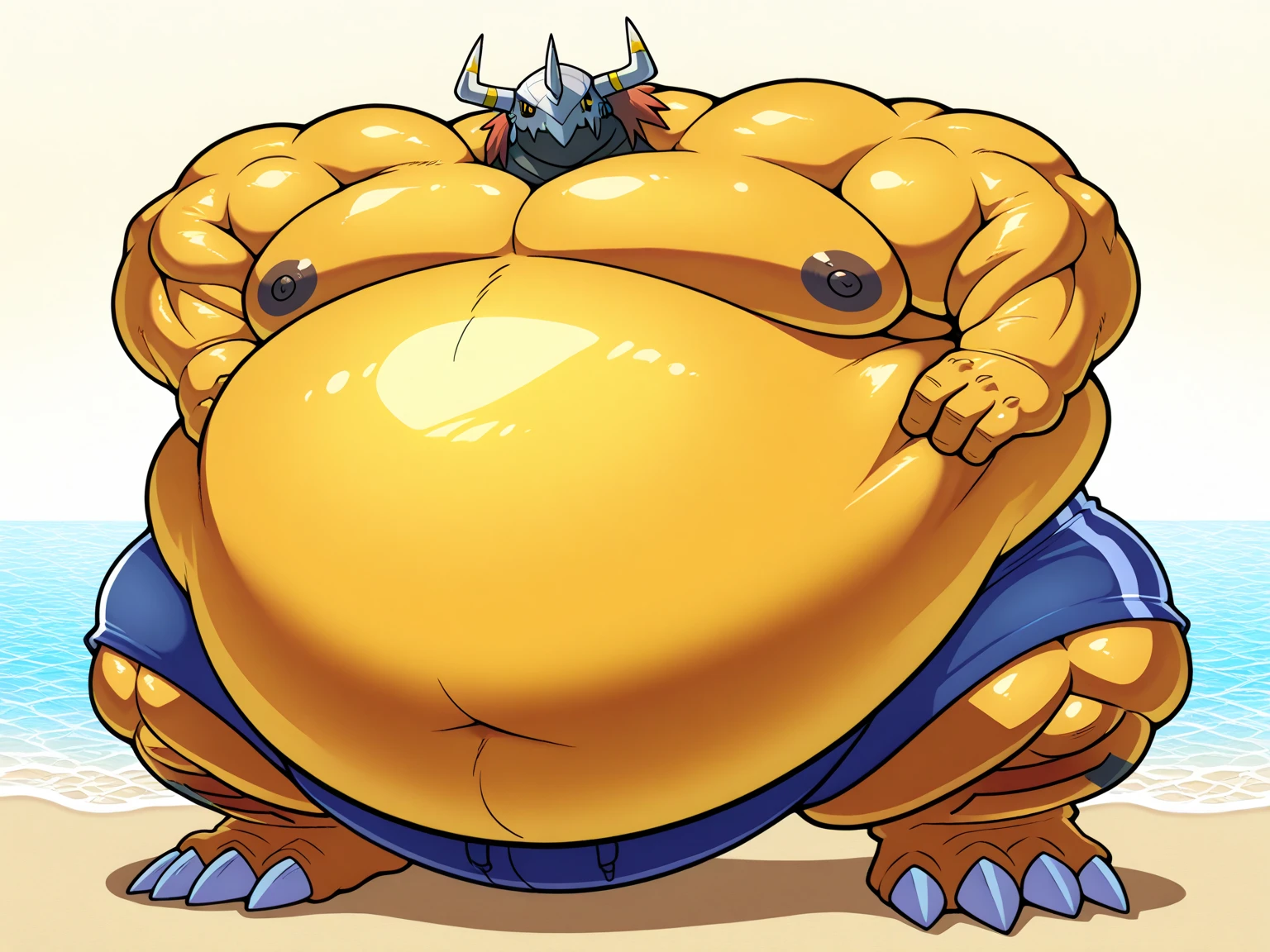 White tiger, big belly, large pectorals, muscular arms, thick thighs, male focus, brown short hair, blue eyes, purple underwear, big bulge, purple nipples, sexy pose, full body