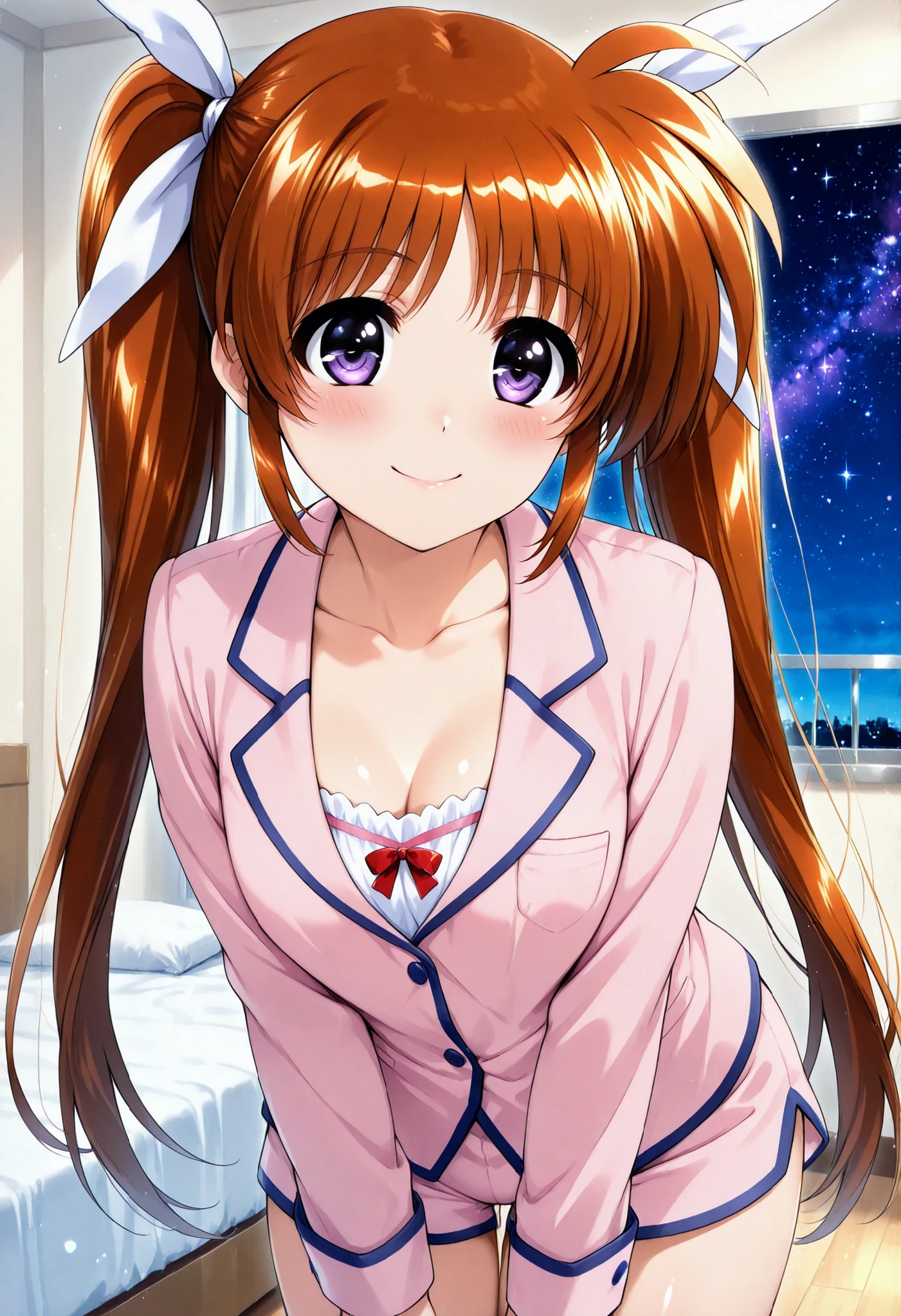 top quality、Otome、shot from the front,high resolution、Standing姿勢、(animeイラストスタイル:1.3)、pastel colors,anime,glossy skin,starry sky background,takamachi Nanoha,Nanoha,Smile Yan、Beautiful White Skin,BEAUTIFUL BEAUTIFUL STUDENTS,beautiful bright purple eyes , Extremely Detailed Beautiful Pupils Eyebrows See-Through, Lashes,beautiful brown hair in white underwear, Bang,Long Hair,twin tails, exquisite and beautiful collarbone line,Eyebrows Seen Through Hair,side lock,white ribbon,hair bow,large red ribbon bow tie,Bedroom、Bed 、Red pajamas、 in pink pajamas、closed mouth、Smile Yan、 highly detailed face、 very detailed CG、cowboy shot、beautiful thighs、(Leaning forward:1.2),Chest Valley、,(1girl,solo),Standing