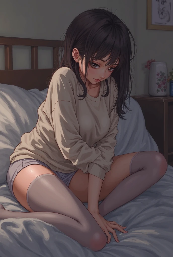 masterpiece, best_quality, one girl, solo, sleeping, lying on the couch, white sweatshirt, mini skirt, socks, perfect face, 4k, hdr, full hd, hdr, good lighting, late afternoon,