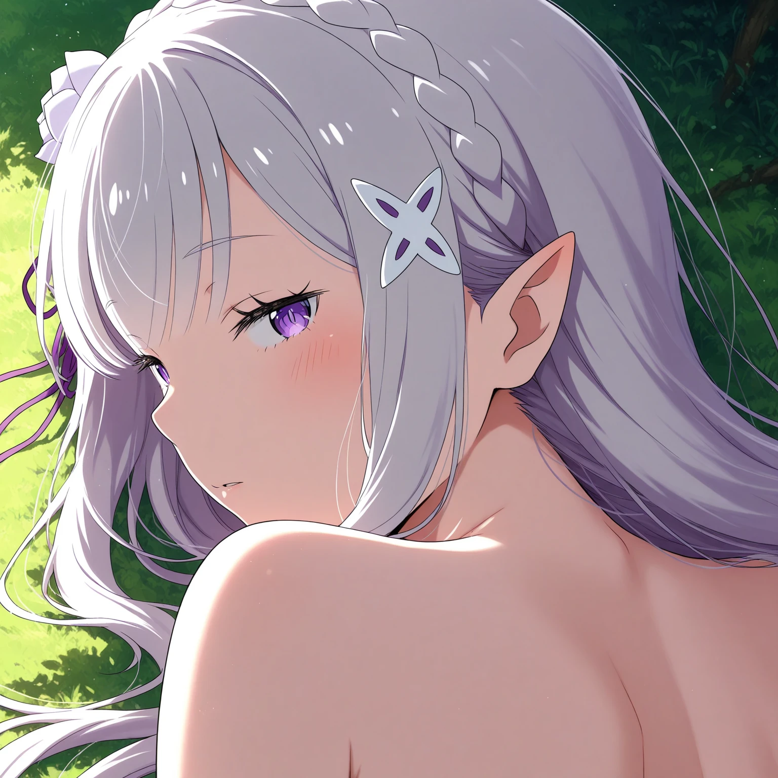 1girl, solo, masterpiece, best quality,
        sweat, re:zero kara hajimeru isekai seikatsu, emilia, emilia (re:zero), purple eyes, grey hair, white hair, long hair, braid, crown braid, blunt bangs, sidelocks, hair ornament, x hair ornament, hair flower, hair ribbon, purple ribbon, pointy ears, elf,collarbone, bare arms, medium breasts, bare legs,naked, nude, 
        cowboy shot, twisted torso, looking back,
        blush, smile,
        outdoors