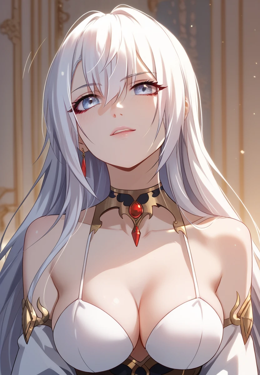 (best quality:1.1), (Masterpiece:1.2), lady, Shiny white hair, red eyes, long hair, ใบหน้าbeautiful, luxary dress, Big breasts, beautiful, collarbone, Bright face, Royal high, hall background, ริมฝีปากอมชมพู, เครื่องประดับหรูหรา ((Highest quality, Best Performance, Maximum details, Light and shadow details:1.2, 4k details))