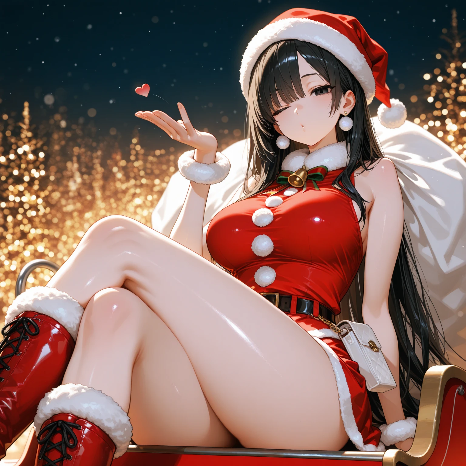 ultra-quality, ultla highres, Hyper Detailed, High contrast, Ultrafine Strike, creative refinement,A dark-haired,ssmile,Santa Claus Costume,Show cleavage,livingroom,5 fingers
