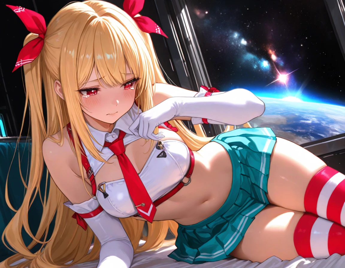 Masterpiece, best quality, White headphone, blonde, korean woman, tall, slender, long beautiful legs, beautiful face, detailed face, detailed fingers, show full height, anime pastel, cleavage, Santa outfit, riding on sleigh, throwing out presents