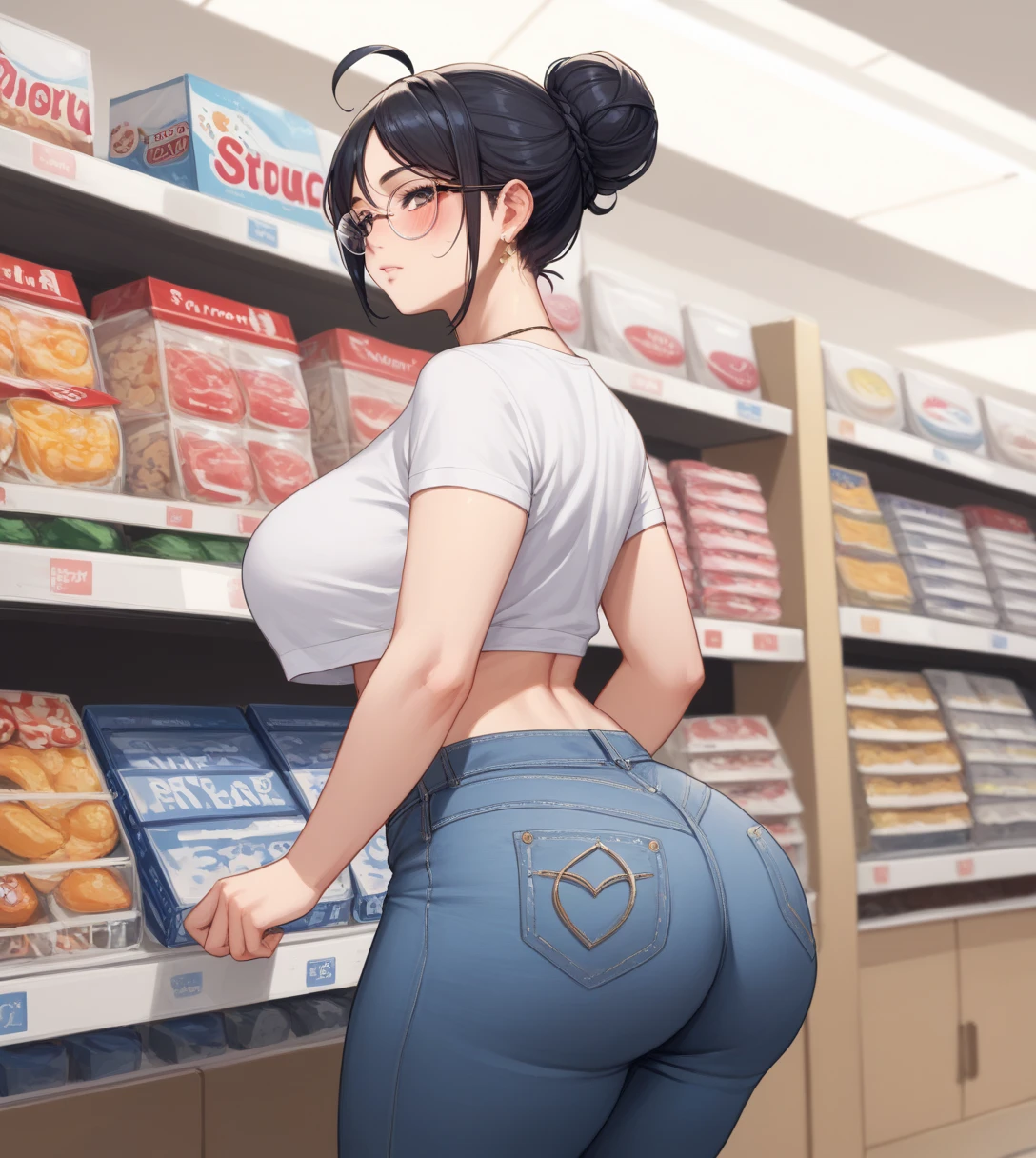 (best quality,masterpiece) thicc, 1 woman, small breasts, wide hips, thick thighs, shy, ponytail, dark blue hair, narrow waist, blue jeans, white shirt,blue eyes,anxious,sweating, nervous,backview, looking at the camera, big fat ass, red ribbon, moles, freckles