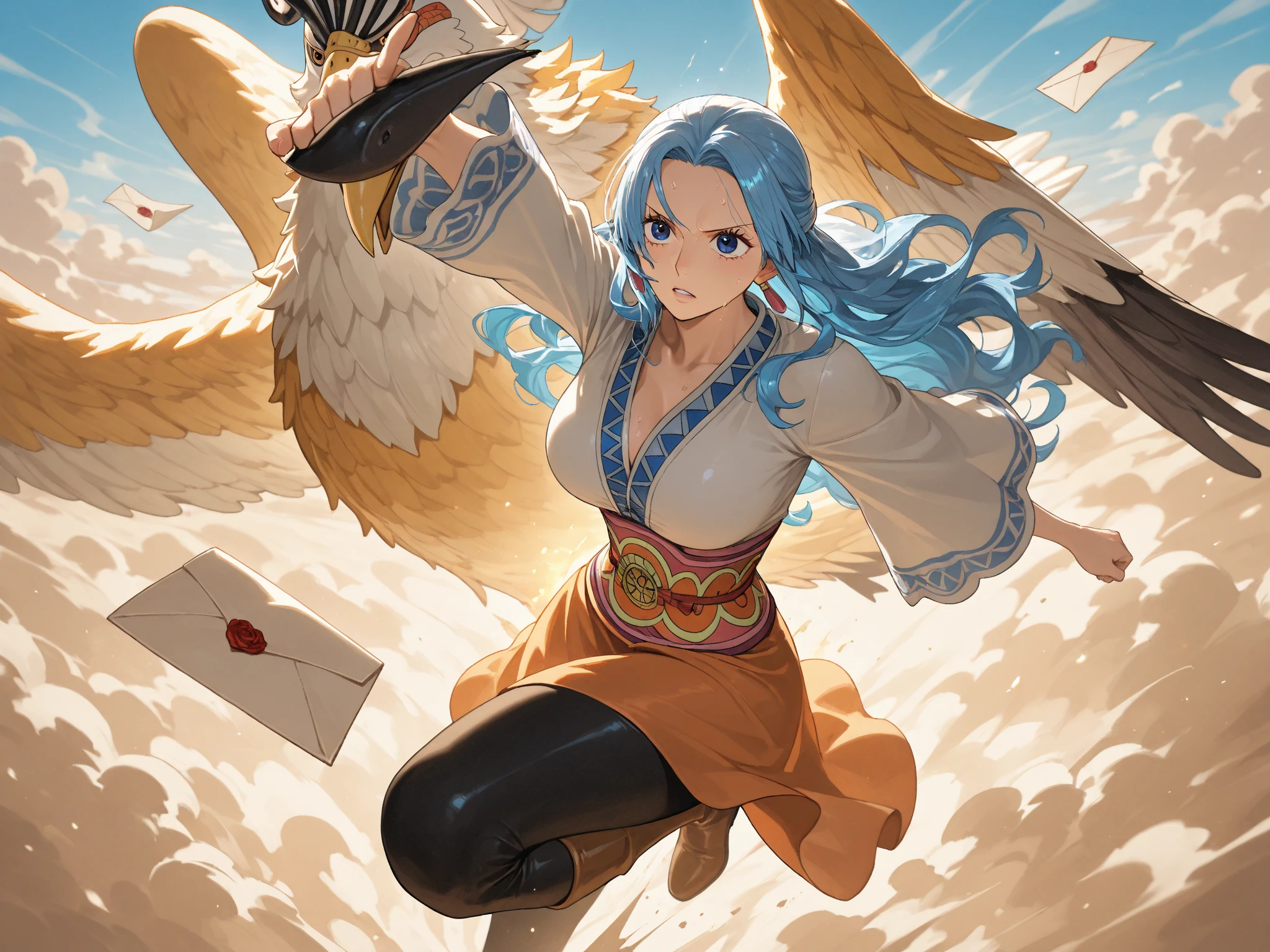 (masterpiece),(intricate details),1boy,young girl,smile,huge breasts:1.5,Cleavage
BREAK
NakoruruMS, bow, hairband, ainu clothes, fingerless gloves , short sleeves,((the hawk flies away)),<lora:Nakoruru:0.8>,((barefoot))
BREAK
day,sun,rainbow,((cumulonimbus)),looking at viewer, from above:1.2, ((full body))