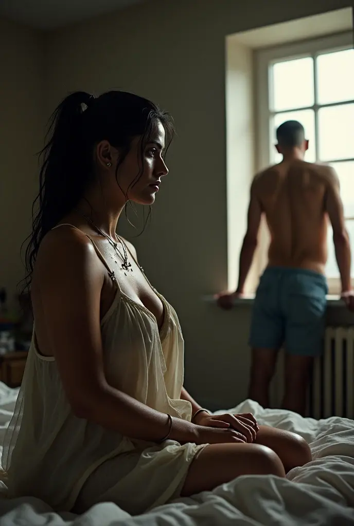 Clothed girl looks at naked guy