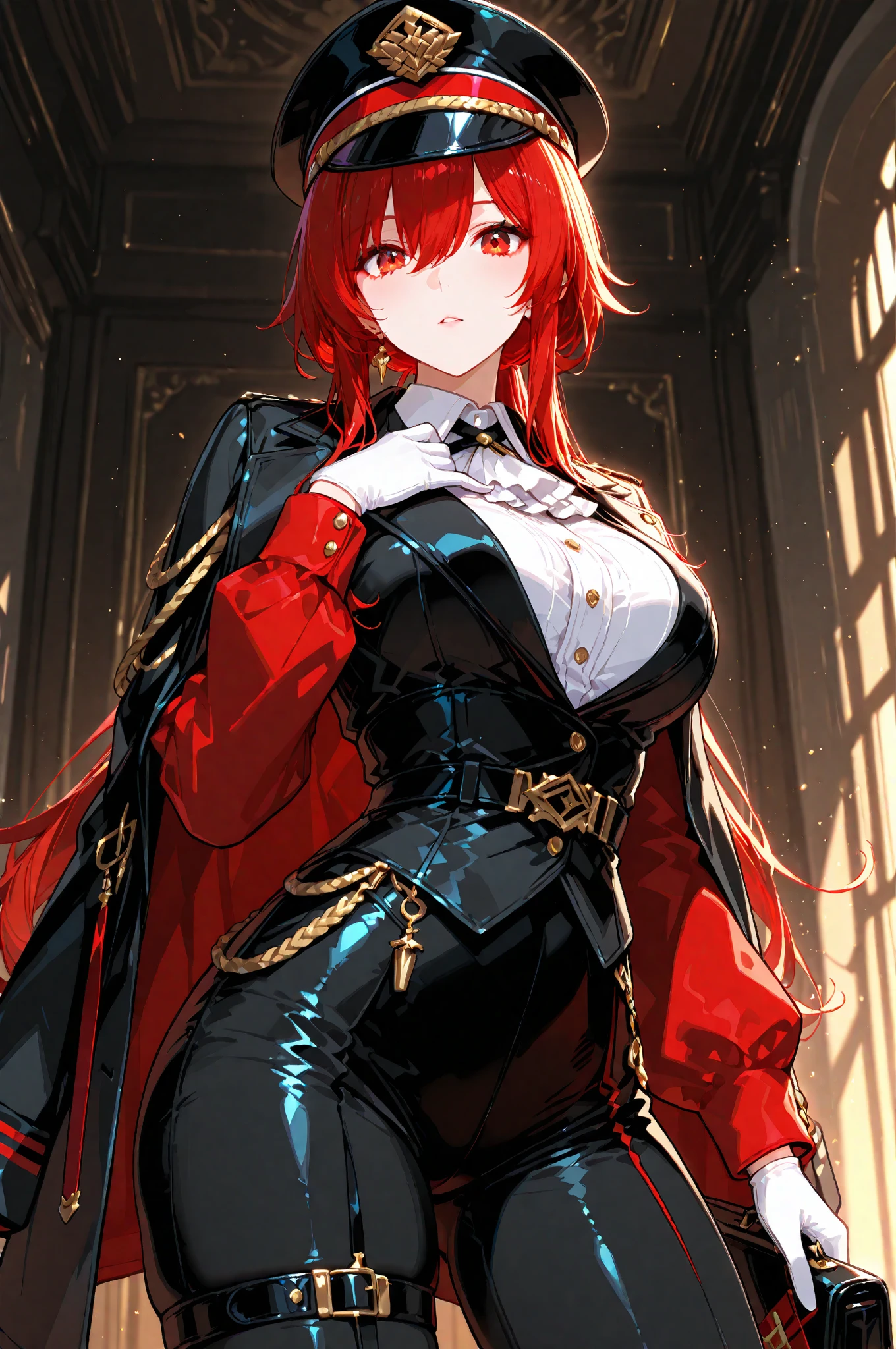(Masterpiece. The best quality. 8K. Sharp focus. Depth of field, The best shadows. Perfect lighting. HDR. Realistic skin texture. Ultra-detailed background. Detailing). Anime style. Honkai: Star Rail. March 7. 1 girl. Fiery red hair, short hair. Azure blue eyes, beautiful eyes, beautiful eyes, expressive eyes. Beautiful nose, perfect facial features. Perfect anatomical body, slender figure, second size breasts, beautiful breasts, slender waist, rounded hips, beautiful long legs. Pirate hat, white blouse, pirate pants, Uniform cloak, shoulder straps with the Jolly Roger, knee-length boots, wide belt at the waist. Saber and musket behind the belt. Hands on hips. Feet shoulder-width apart. Standing on the deck. Standing at full height. Concept art. Looking at the viewer.  Full body.