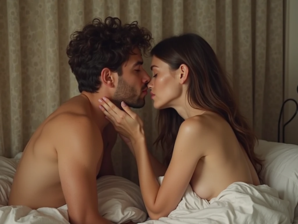 Create a blur image of a naked man and a naked woman in only bra sitting on a bed with attach back opposite to each other looking exhausted