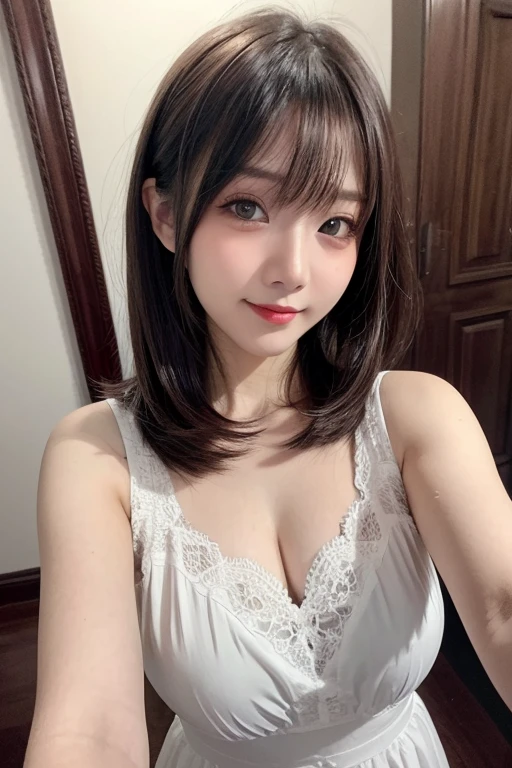 finely, High resolution, high quality、perfect dynamic composition, 15 year old girl、young face、neat and cute girl、detailed and beautiful eyes, double eyelid、light brown layered cut、straight hair、bangs、All on a white fluffy bed、lie down、Self snap、selfie、looked back、long legs、despise、natural color lip, 1 person、neat and cute girl、清楚でyoung face、transparent skin、white skin、Bedroom、in the room、Stylish clothes、room wear、beautiful feet、thin legs、cleavage、shake your head、Hey hey smile、slight smile、despise、Condescending、Laughed、スマートフォンでSelf snap、selfie、selfie、Neat and tidy 、baby face、