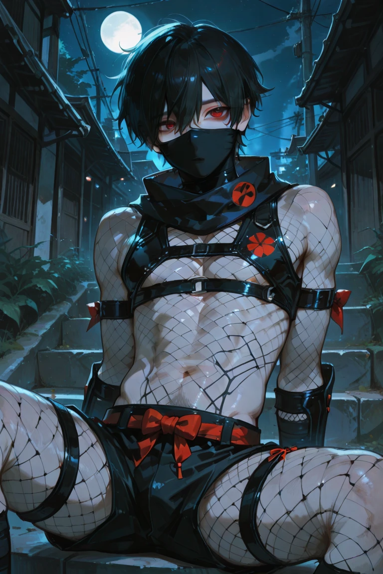 1boy, ((muscle)), well built, latex shorts, bondage, tied up, ropes, big eyes, broad shoulders