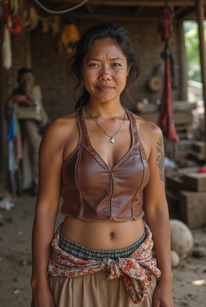 Tattooed tribal warrior, female, in a small town, out of place, confused, wearing a mini skirt made from animal pelts, topless