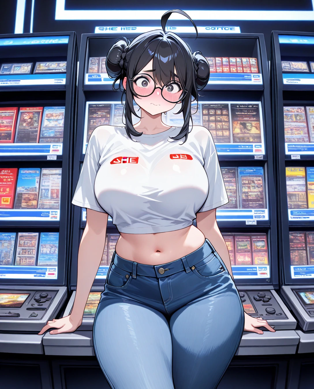 Erotic Anime Illustration、High resolution、Plump high school girl playing at the game center、beautiful eyes、lovelive、reimu hakurei、ecstatic expression、sailor suit、Overwhelming huge breasts that go beyond common sense、thick legs with fat、perfect proportions、cowboy shot