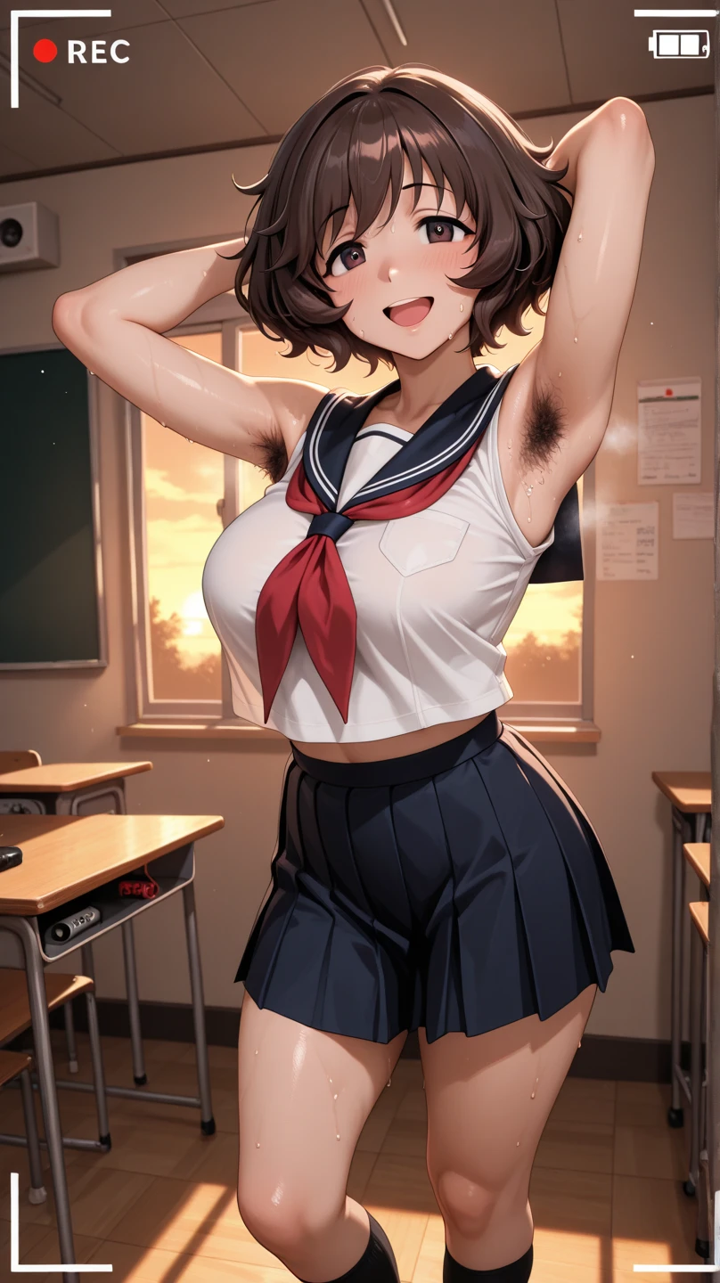 High resolution, Beautiful woman, High detail, Good lighting, , transformation、(((Perfect Anatomy、Anatomically correct、Highly detailed skin)))、 15 years old、Realistic、masterpiece、Highest quality、Best Shadow、（Kneel、Spread your legs、Show your armpits、Armpit hair）、Photorealism、Hyperrealism、Only one girl、（Embarrassing、Droopy eyes、Drooping eyebrows、Open your mouth）、Sweat、（Sailor suit、Pleated skirt）、（Large Breasts、Big Breasts、Big body）、（Black Hair、Shortcuts、Short Bob）、（masturbation）、（School classroom、evening）