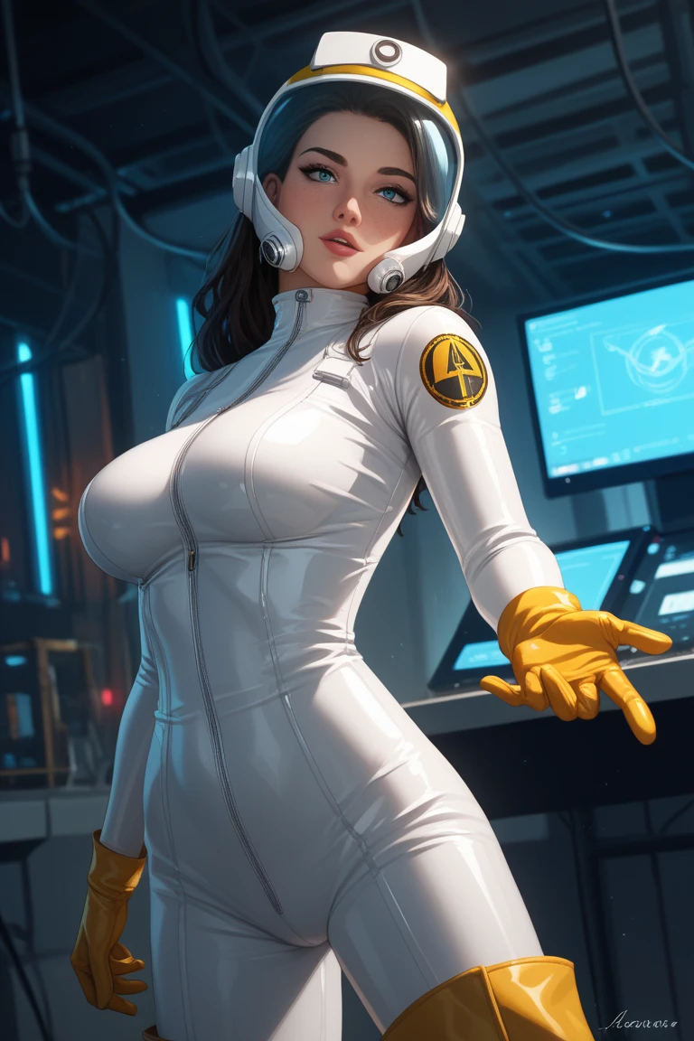 gwen tennyson,tracer,bulma,rebecca chambers,overwatch,1girl,sunny,close up,cyberpunk city,space ship,planet, mandalorian,military uniform,bounty hunter gear,garter belt,white long sleeve lycra top,lycra micro shorts,short hair,silver earrings,holding a blaster,goth eyeliner,wet shirt,green eyes,orange hair,purple hair highlights,shy smile,freckles,redhead, beautiful girl,large breasts,ultra detailed,realistic,fantasy art,