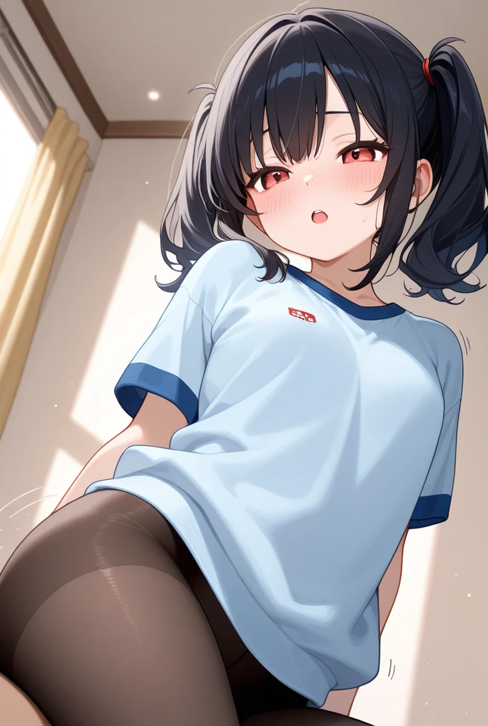 Girl with no pants overside shirt is play games on a pc