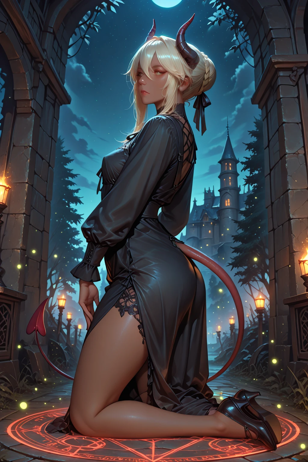 very sexy girl, long blonde hair, very small breasts, horns, demonic, perfect ass, sexy, in hell, miniskirt, open legs, shows her pussy, between shadows, oil painting, chiaroscuro, sensual, dramatic lighting, moody atmosphere, photorealistic, intricate details, masterpiece, ultra-detailed, high quality, 8k, best quality, realistic, cinematic, dark and brooding, expressionistic, powerful composition, emotional impact, Bill Sienkiewicz inspired art
