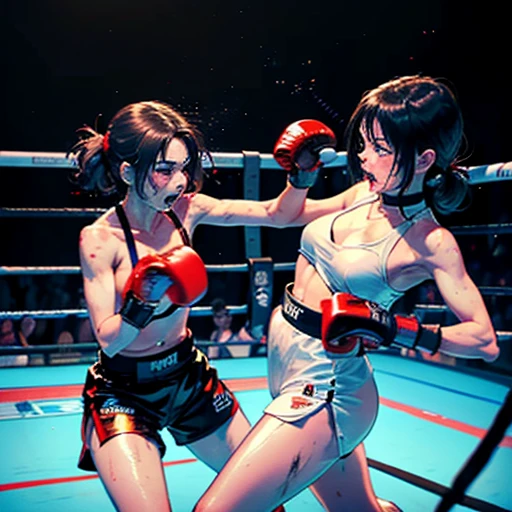 A fierce exchange of dynamic punches and kicks. they are beating each other so hard. bloody beautiful Japanese female slaves are fighting. survival battle. whole body picture. they are covered in scars and bruises. they are damaged terribry. Short-cut black hair, out of breath, drooling from mouth, one eye is closed, exhausted, drenched in sweat.