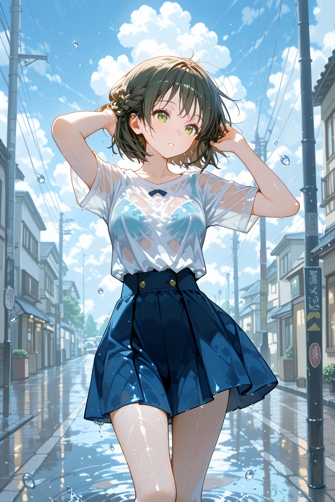 (Highest qualityのイラスト:1.2), (pretty girl:1.1), (1 girl、17 years old、Highest qualityのイラスト:1.2), (1 girl、smile、Small breasts、blue eyes)、Brown Hair、short hair、Wavy Hair、Curly Hair、Low Twintails、(Highest quality、Very detailed、Very detailed and beautiful、Ultra-high resolution) 、,{、White business shirt、Short sleeve、Yellow Ribbon、Grey pleated skirt}、blue sky、summer、Sweat、See-through、Splash