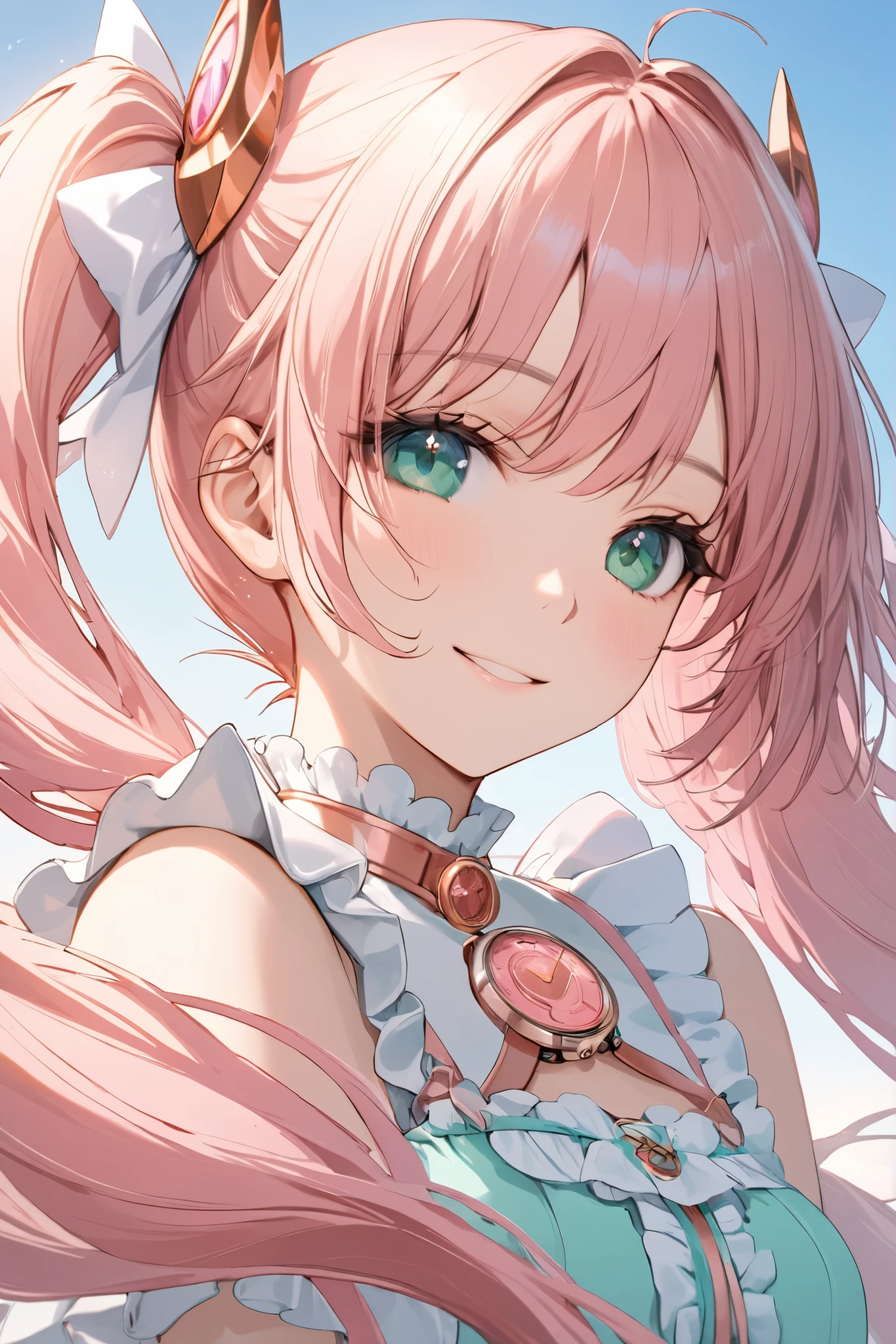 White Frill Dress, Magical Girl, twin tails, wind, Floating Hair, Long Hair, gradient background,Blue Sky, Bang, mint green eyes, upper body, ((( Pink Gold Hair ))), Symmetrical, masterpiece, top quality,Watch Viewers,kind smile