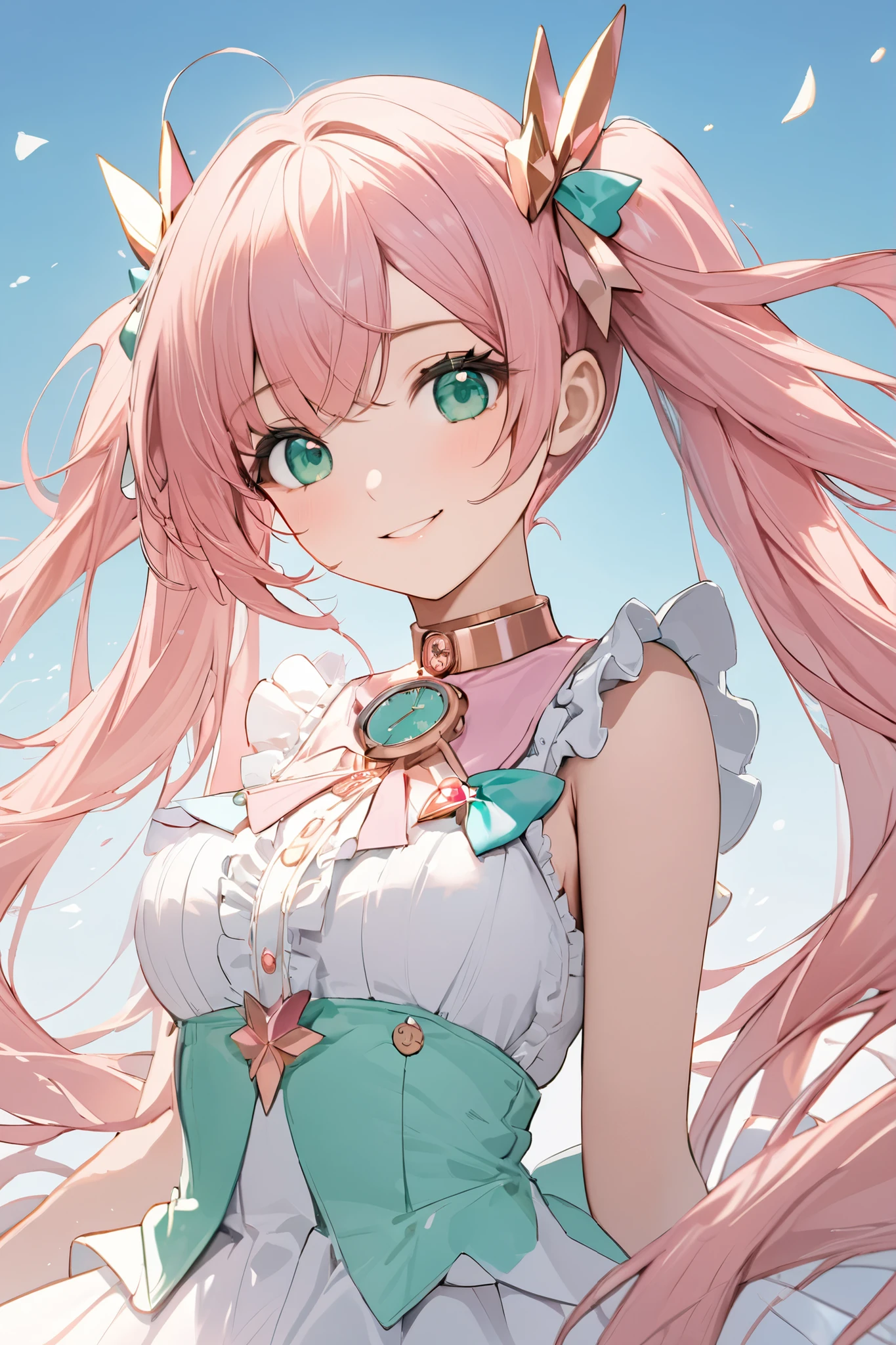White Frill Dress, Magical Girl, twin tails, wind, Floating Hair, Long Hair, gradient background,Blue Sky, Bang, mint green eyes, upper body, ((( Pink Gold Hair ))), Symmetrical, masterpiece, top quality,Watch Viewers,kind smile