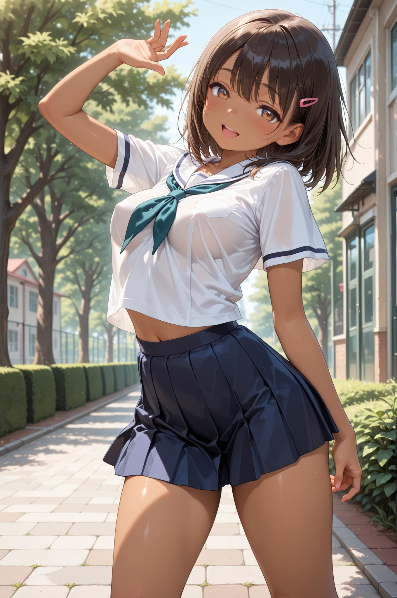1girl, solo, white polo shirt, white sneakers, tennis wear, white miniskirt, masterpiece, best quality, realistic, hyper-detailed, (shiny skin, sweaty:1.4), absurd, looking at viewer, short black hair, brown eyes, slender, dynamic lighting, high resolution, sharp focus, depth of field, detailed eyes, sharp pupils, realistic pupils, (small breasts:1.6), (thick thighs:1.0), outdoor, sky