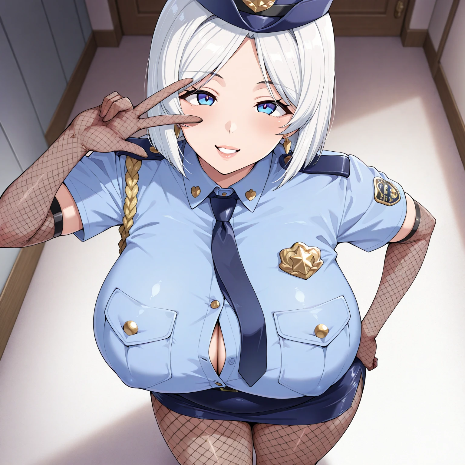 One Girl, Solo, (Hi-Res), (Absurd), (Best Quality), (High Quality), (Masterpiece), Shy Brown, Brown, Light Blue Eyes, Short Hair, Short Hair, Hair Above One Eye, (Big), White Thighs, Wet, Sweat, Embarrassed, 8K, High Quality, Show Cleavage, Movie Lighting, Beautiful Fingers, Well-Groomed Fingers, High Detail, Sony FE GM, Cute, Heart Eyes, Embarrassing, drooling, belly button, sweat, wet, huge, white skin, light hair, blushing cheeks, clear white skin, shining eyes, colored contact lenses, anime style, motion lines, sparkling eyes, super huge, tearing breasts, taut breasts, enormous breasts, dripping sweat, shiny hair, sloppy post, lower breasts, too big breasts, torn clothes, showing cleavage, starry eyes, drooling, drooling, black stockings, stockings, sweat, uniform, bed, on bed, pink bra, pink pants, skirt, masterpiece, best quality, high res, perspective, 1girl, (sharp focus), looking ahead, blue eyes, medium breasts, ahoge, hair ornament, twin braids, necktie, halo, bangs, hair between eyes, blue eyes, shirt, skirt, smile, white police uniform, open mouth, hat, blue shirt, (white jacket:1.1), belt pouch, silver hair, black stockings, salute, hand on own hip, white background, one eye closed