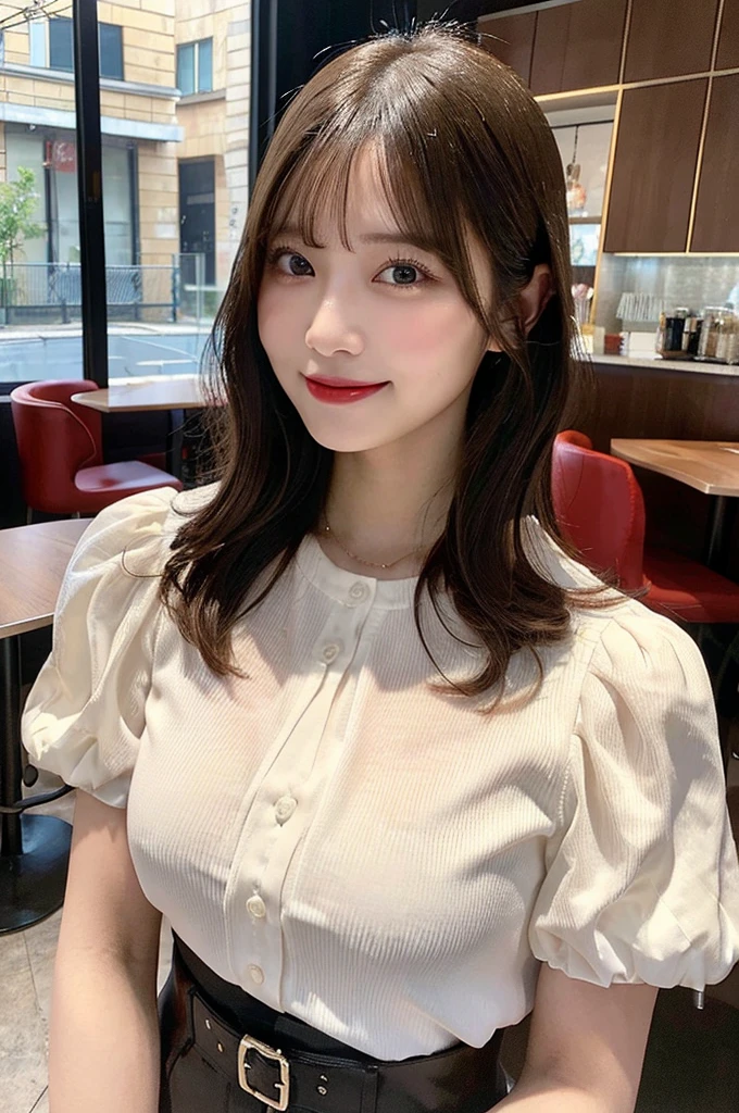 Best Quality, Real Stick, Ultra-detailed, finely detail, hight resolution, in 8K、Wallpaper, Perfect dynamic composition, Beautiful detailed eyes, white shirt, The chest is open, Bob Hair, Medium hair,straight haired, Bangs,poneyTail, A dark-haired, mid-chest,Natural Color Lip, Body orientation is front,Smile,Tower Mansion