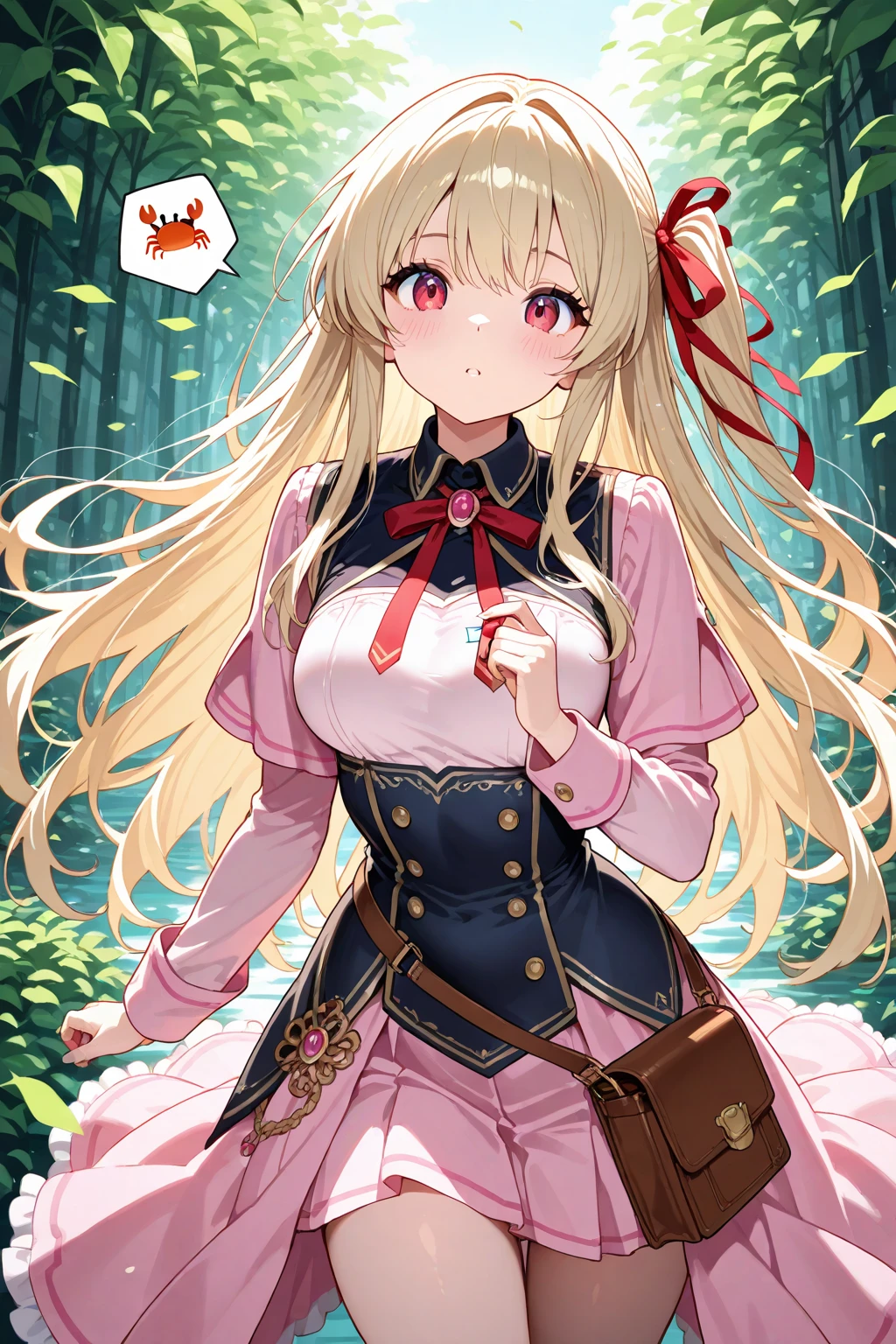 masutepiece, Best Quality,  absurderes, Looking at Viewer, Solo, Rita Rothweisse (A Summer Night's Dream), Rita Rothweisse, Shirt, pantyhose, Red Rose, Red Eyes, Blonde hair, Long sleeves, Mole under the eyes, Hair over one eye,  frill shirt, White shirt,  Seductive smile,  (ulzzang-6500:0.8), Long hair, day, Outdoors - Black pantyhose