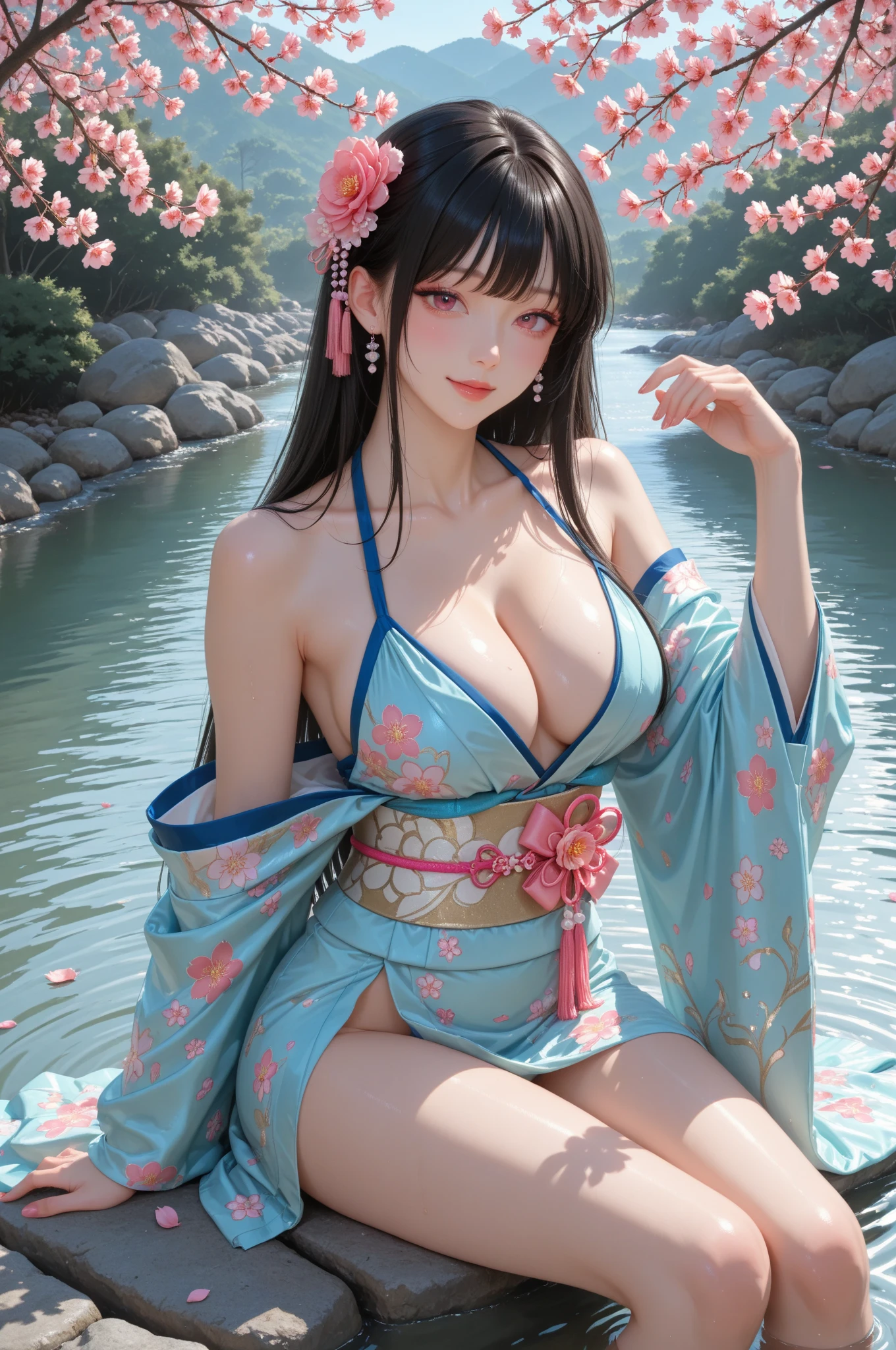 delicated best quality ,masterpiece, illustration, an extremely delicate and beautiful, extremely detailed ,CG ,unity ,8k wallpaper, Amazing, finely detail, masterpiece,best quality,official art,extremely detailed CG unity 8k wallpaper,absurdres, incredibly absurdres, huge filesize , ultra-detailed, highres, extremely detailed,beautiful detailed girl, extremely detailed eyes and face, beautiful detailed eyes,light on face,1girl, (raiden shogun/genshin impact), (Super realistic), ((( purple hair))), (low ponytail braided hair), (purple eyes), (Detailed description of the eye), ((jewelry)), (slave necklace), (((describe the arm in detail))), (((Super boobs))), ((Big ass)), ((thighs)), ((Plump body)), (Big breasts), ((Plump boobs)),, (detailed description of hair), jewelry, (gem earrings), ((upper body)), (Bare shoulder), ((collarbone)), ((offshoulder)), (Shiny skin), (Detailed description of eyes), (detailed description of face), (detailed description of body), (white and translucent skin), peerless beauty, (extreme beauty), (red lips), (shy ), ( smile), (facing the viewer), ((facing)), (((cherry blossom))), (falling petal), ((kimono)), ((long sleeves)), ((wide sleeves)), ((sea)), (Japanese Shinto Shrine), (Diving), (lying on the sea surface), the water surface is reflective, (any pose), (((soaked))), ((girl submerged in water)), ((There is a lot of water on the body))