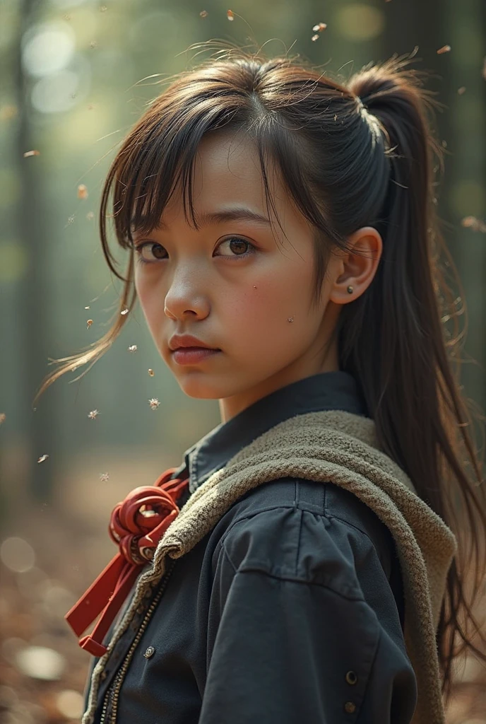 masterpiece、Cinematic portrait photography、8K、1girl in、sixteen years old、(Eye for realistic details、natural skin textures、Realistic face details)、Soft dramatic lighting、depth of fields、bokeh dof、vibrant detail、finely detail、Surreal、Hazy blur、filmg、femele、Brown hair、Brown eyes、Green Sports Bra
