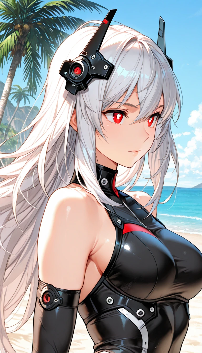 best quality, super fine, 16k, 2.5D, delicate and dynamic depiction, mechanical cyborg with fully mechanical body, hair made of chains and illuminated cable, deck chairs, beach umbrellas, beautiful white sand beaches, transparent, translucent, iridescent glitter, ascii_art, BREAK , eyes flashing red, wearing red bikini