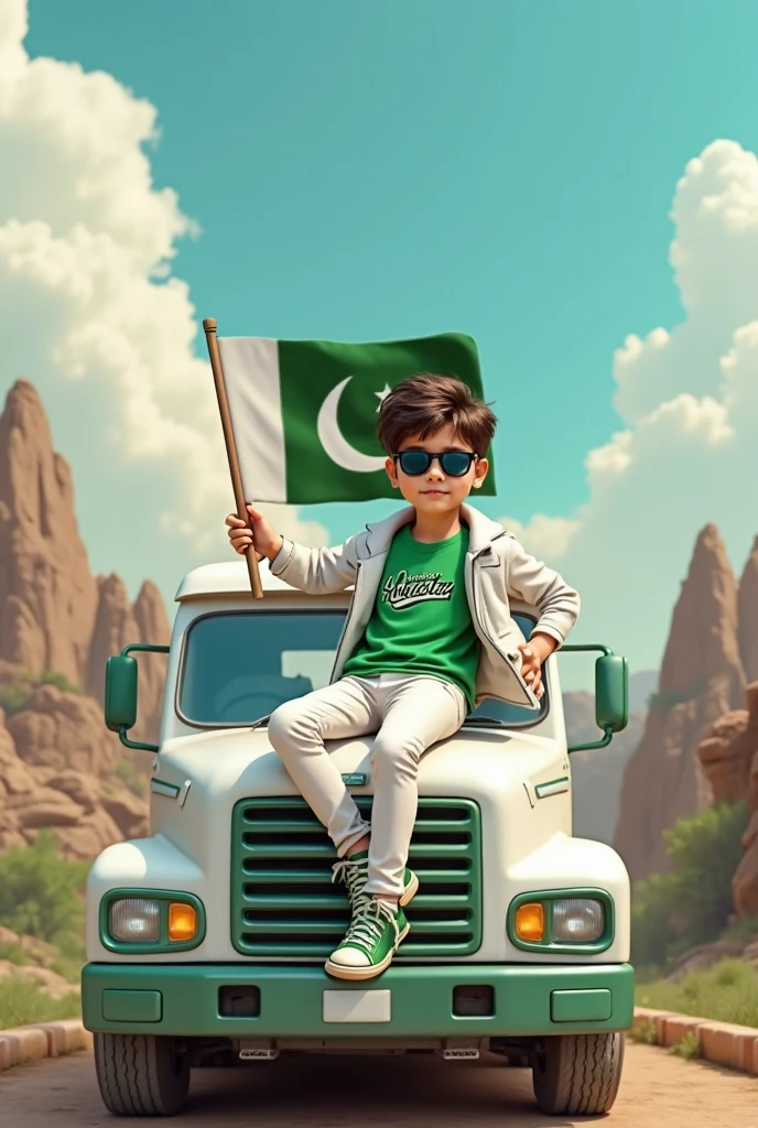 Create an cartoon like image of 15 years child. A name Shayan Ali written on his white t shirt, sitting on bmw, the car with a 6692 number plate, with Pakistani flag in hand, wearing green shoes.