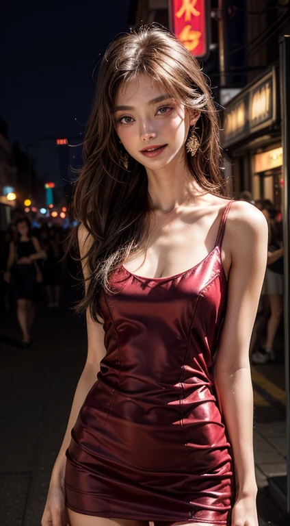 8k, masterpiece, RAW photo, best quality, photorealistic, extremely detailed CG unity 8k wallpaper, Depth of field, Cinematic Light, Lens Flare, Ray tracing, (extremely beautiful face, beautiful lips, beautiful eyes), intricate detail face, ((ultra detailed skin)) 1girl, in the dark, deep shadow, pretty korean girl, kpop idol, 1 girl, (very slim slender fit-muscled body:1.3), ((looking at viewer)),(big smile:1.3), (hot pink color blouse), (sleeveless) , (fashion city night, dark night, (neon sign), (blurred background), fashion street night),(without people in the background:1.3), beautiful earrings, bracelets, necklace, pantyhose, clear eyes, walking, (pale skin), (big eyes), face forward, ((upper body shot)), ((silk color dress:1.3)),(brown hairs),((tight fitting laced dress)), (mini dress, (see through), (looking at viewer:1.3) open breast, very slim, medium breasts, see through, medium butts