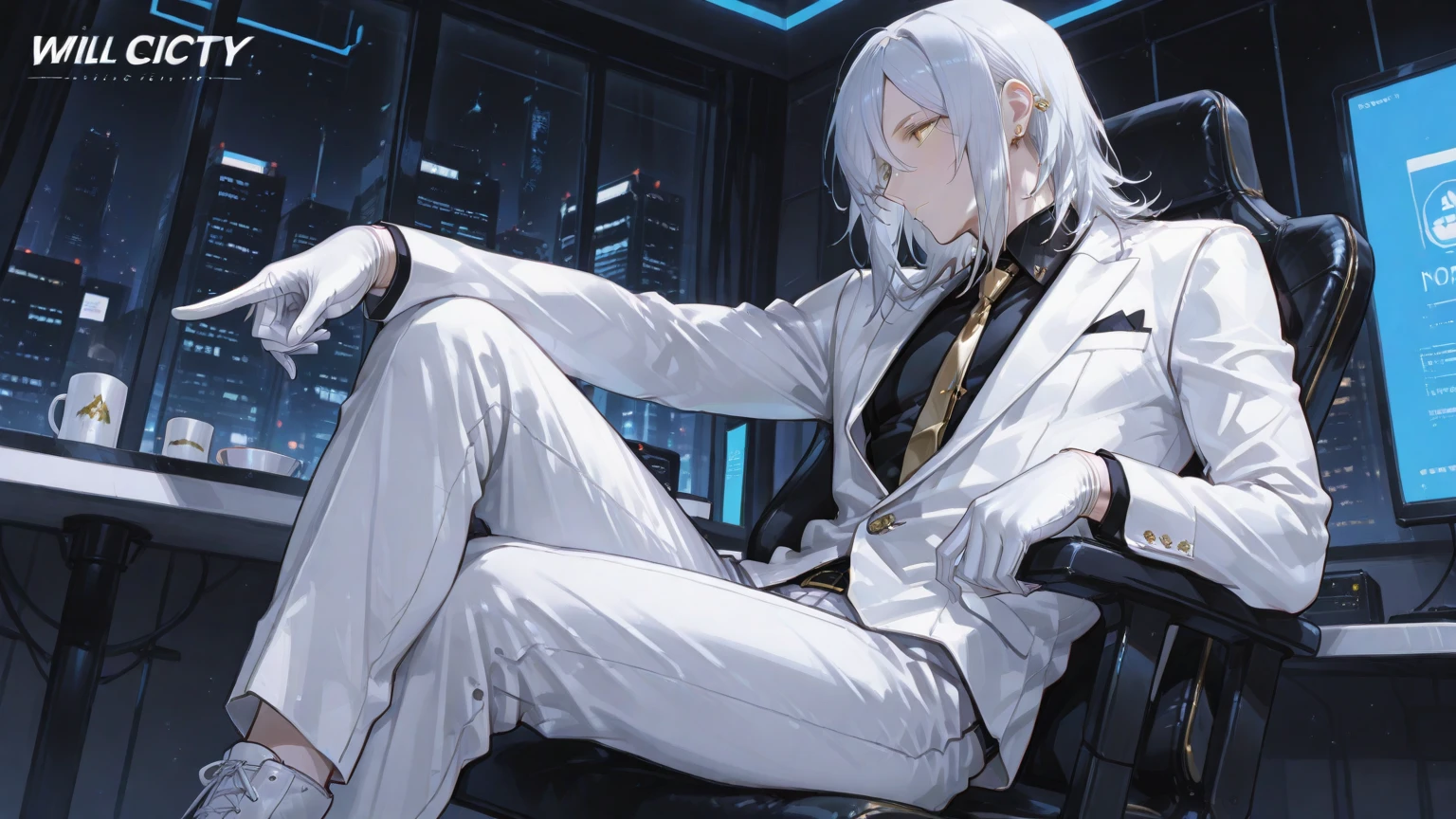 White suit、male、whole body、Black turtleneck
