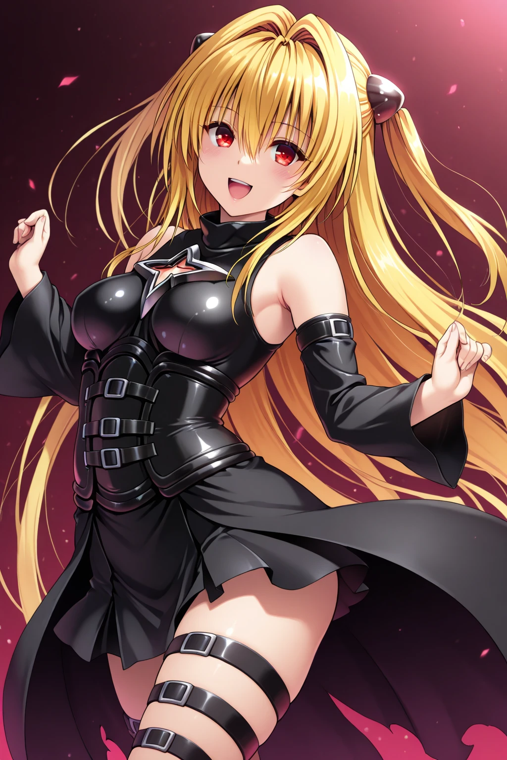 masterpiece, best quality, highres, aayami, very long hair, two side up, hair ornament, bare shoulders, black dress, clothing cutout, large breasts, detached sleeves, belt, thick legs, thigh strap, sitting, knees up, cowboy shot,