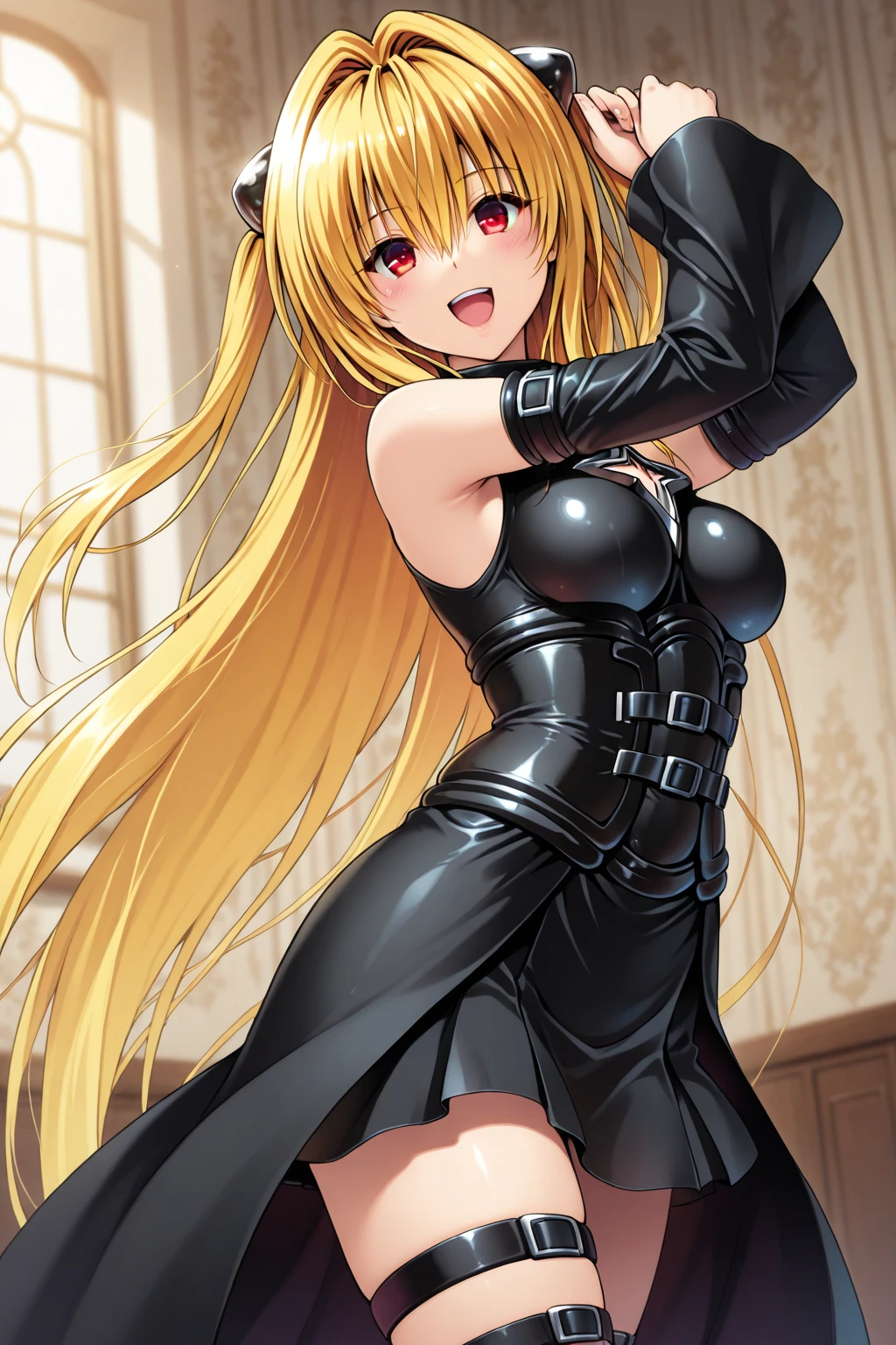 masterpiece, Best Quality, 1girl, Loli, blond hair, red eyes, Middle Ages, navel, wide thighs, black dress, bare legs, Legs spread, Sits, erotica