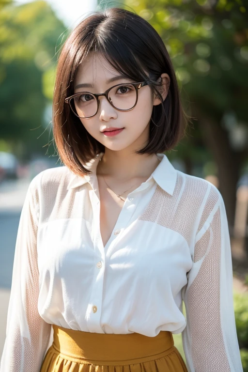 Thai woman, beautiful face, wearing glasses ((best quality, 8a, masterpiece:1.3)), point of interest:1.2, perfect body beauty:1.4, butt:1.2, ((layered haircut, chest: 1.2)), (wet clothes:1.1) , (rain, street:1.3), strapless dress: 1.1, highly detailed facial and skin texture, nice eyes, double eyelids, whiter skin, hair Long (wet body: 1.2) natural sunlight